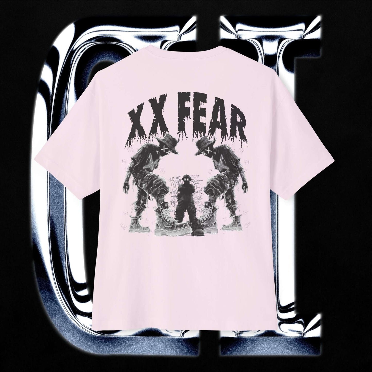 Oversized Boxy Tee XX Fear Guilt Haven Streetwear featuring bold graphics on a pink background.