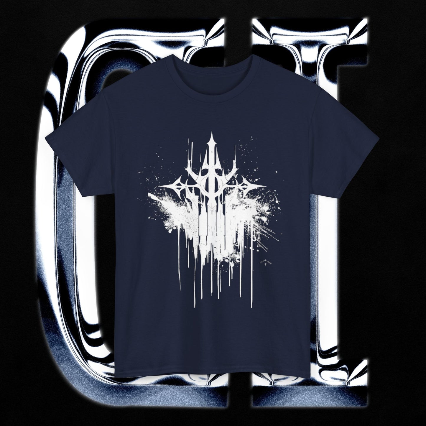 Trident Eclipse Tee – Unisex Heavy Cotton T-Shirt | Black Ink Symbol Graphic on navy background.