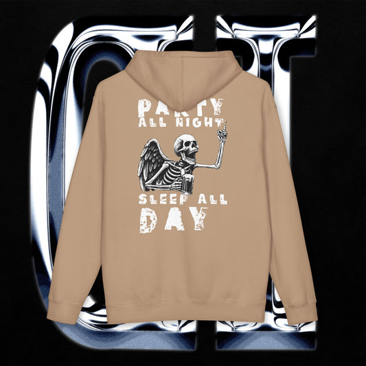 Skeleton graphic pullover hoodie featuring back design: 'Party All Night, Sleep All Day' with skeleton and wings.