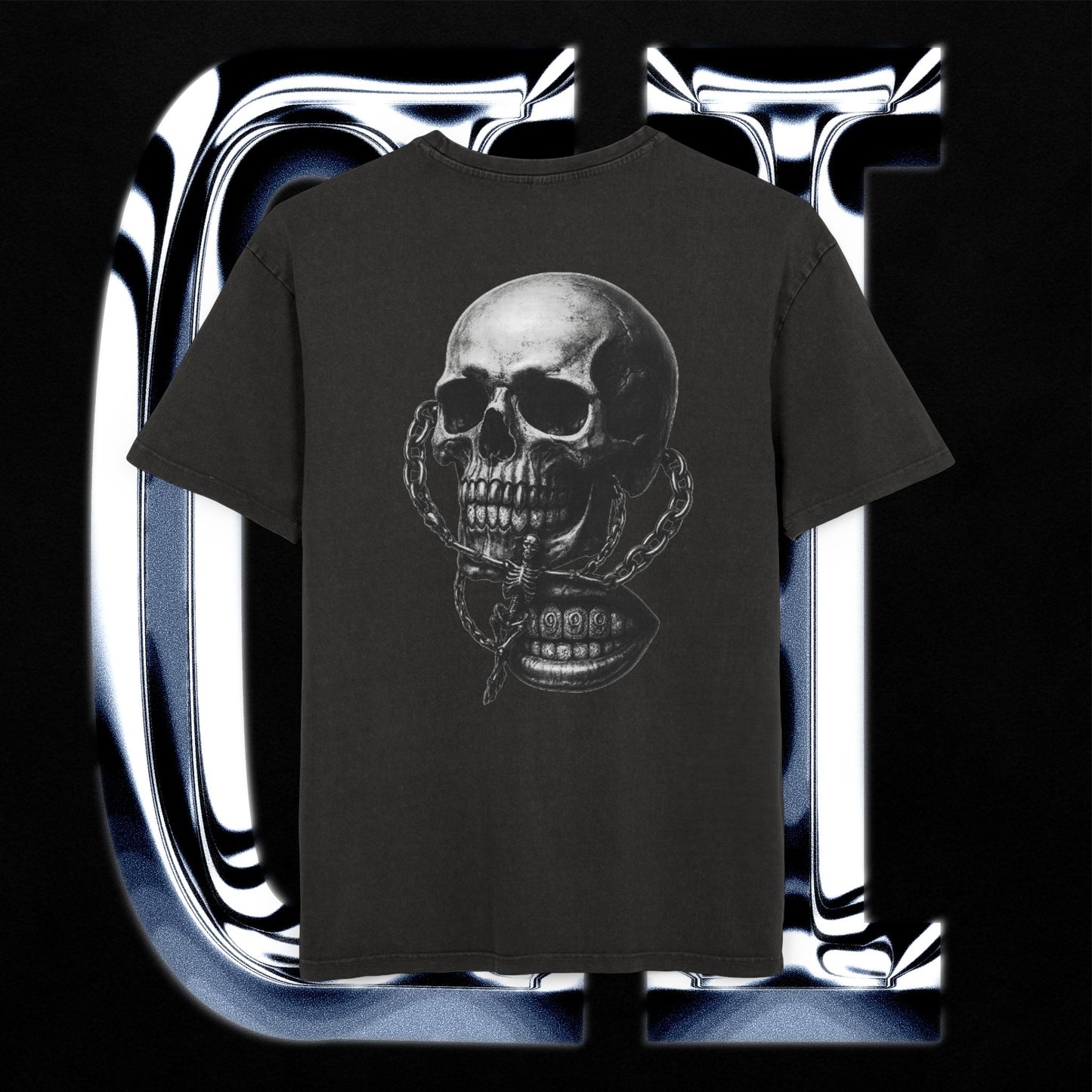 Chain Skull Grenade Tee – Men’s Acid Washed Oversized T-Shirt | Grunge Military Streetwear featuring a detailed skull.