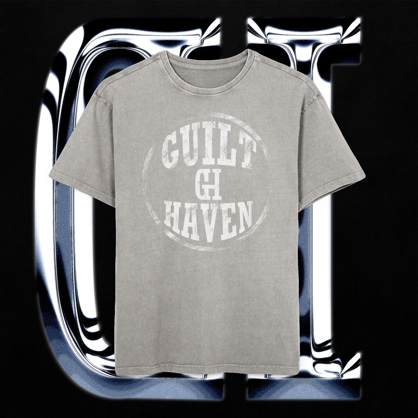 Guilt Haven oversized t-shirt in gray with distressed graphic print, set against a black background.