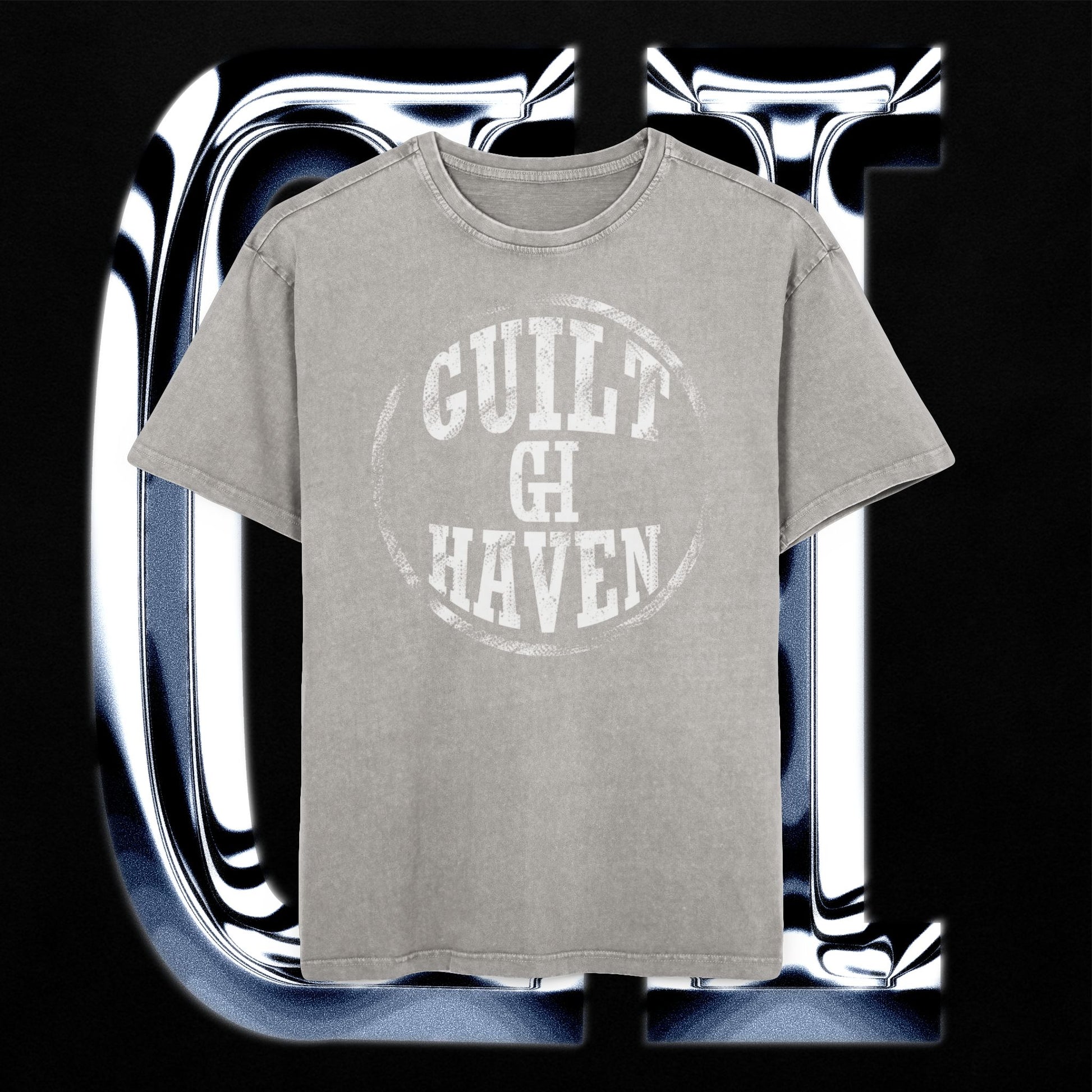 Guilt Haven oversized t-shirt in gray with distressed graphic print, set against a black background.