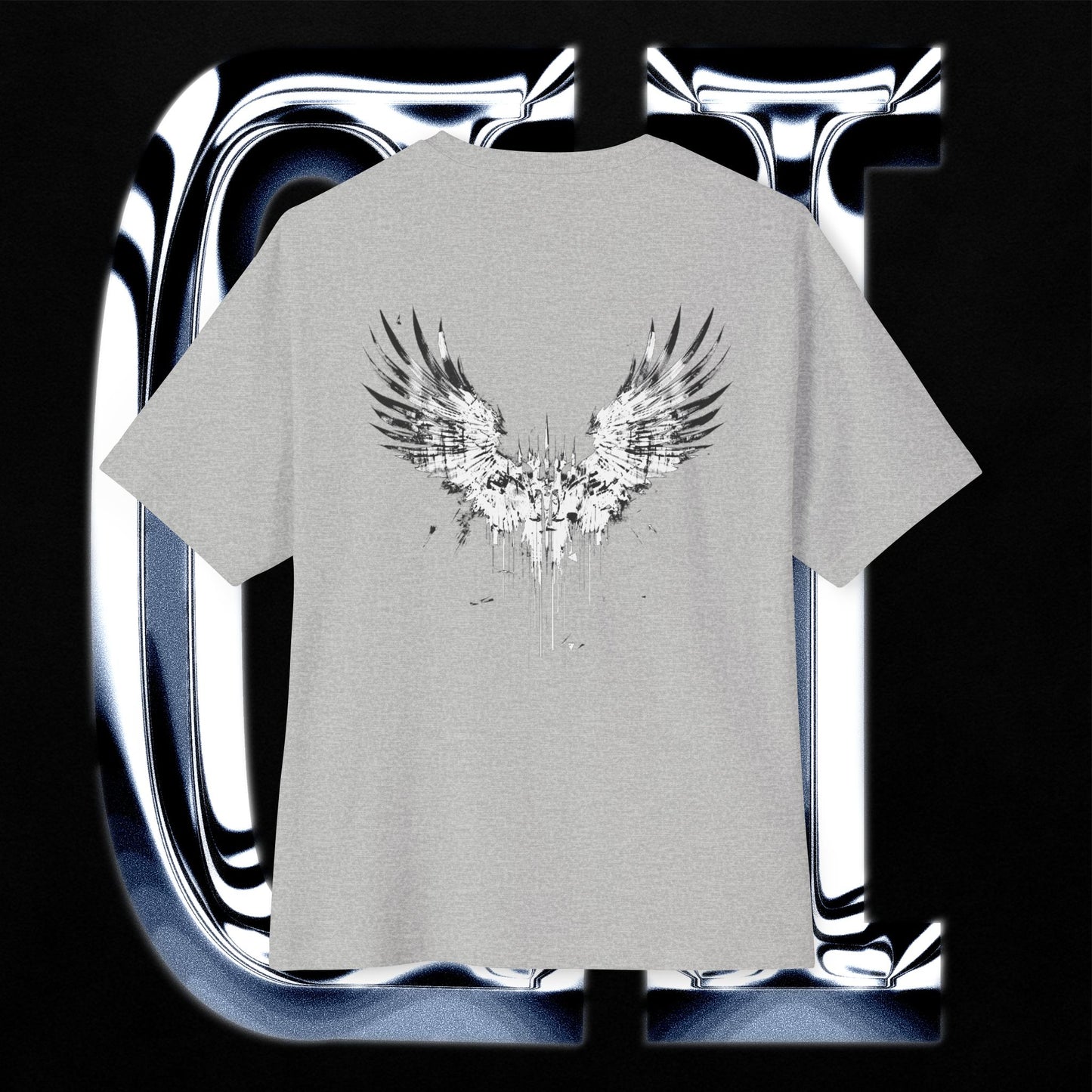White Eclipse Wings – Unisex Oversized Graphic Tee | Abstract Angel Wing Streetwear Shirt featuring a striking wing design.