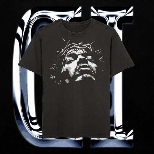 Faith-Inspired Oversized Acid-Washed T-Shirt – Jesus Crown of Thorns Graphic Tee in Vintage Streetwear Style.
