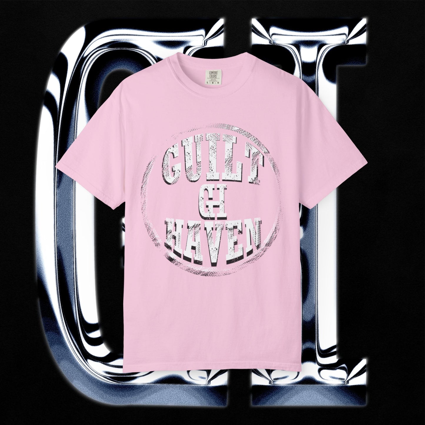 Guilt Haven 1999 Tee – Unisex Garment-Dyed T-Shirt | Gold Grill Lips & Chain Skeleton Graphic on a pink shirt.