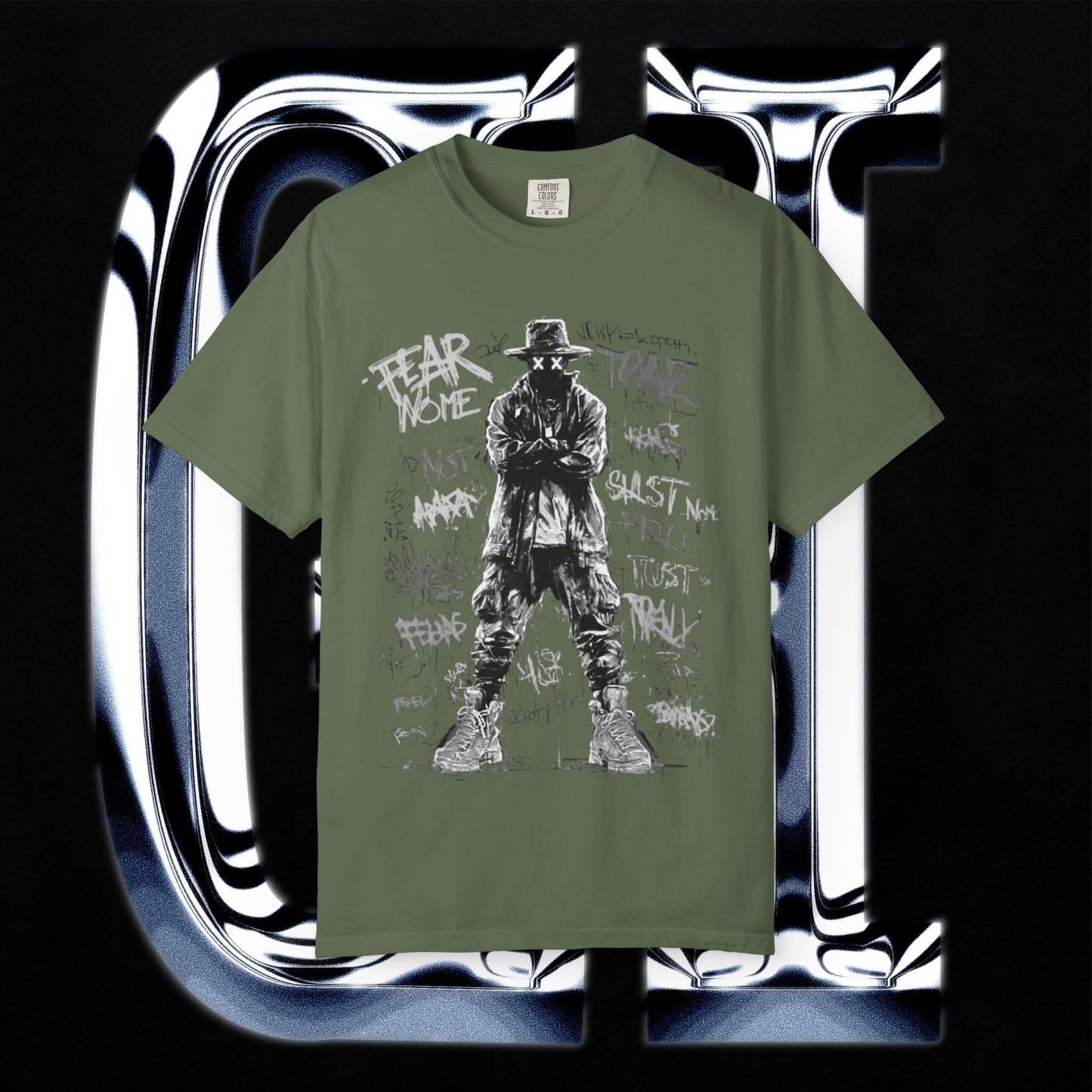Garment-Dyed Streetwear Tee – Fear Non-Graphic featuring bold graphic design in olive green.