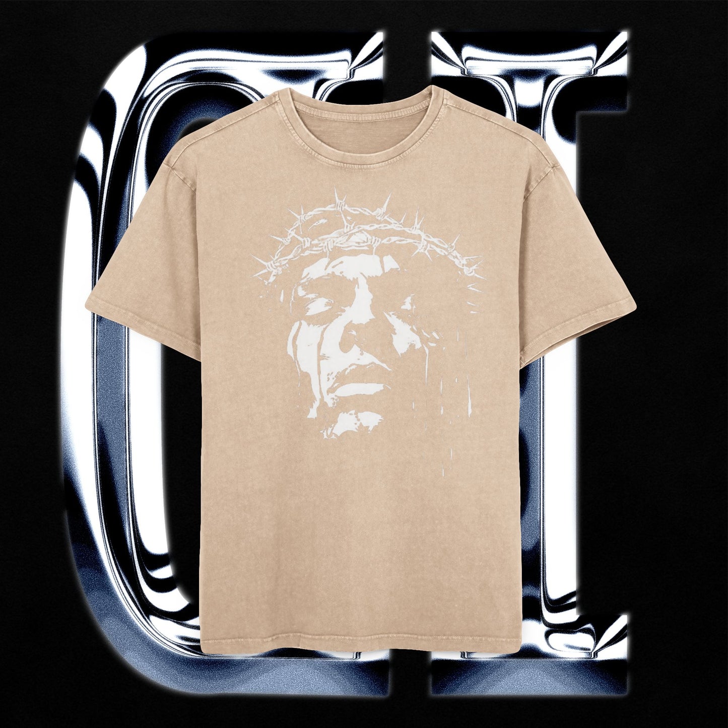 Jesus Wept Oversized Acid-Washed T-Shirt – Faith-Based Streetwear with Crown of Thorns Graphic on beige background.