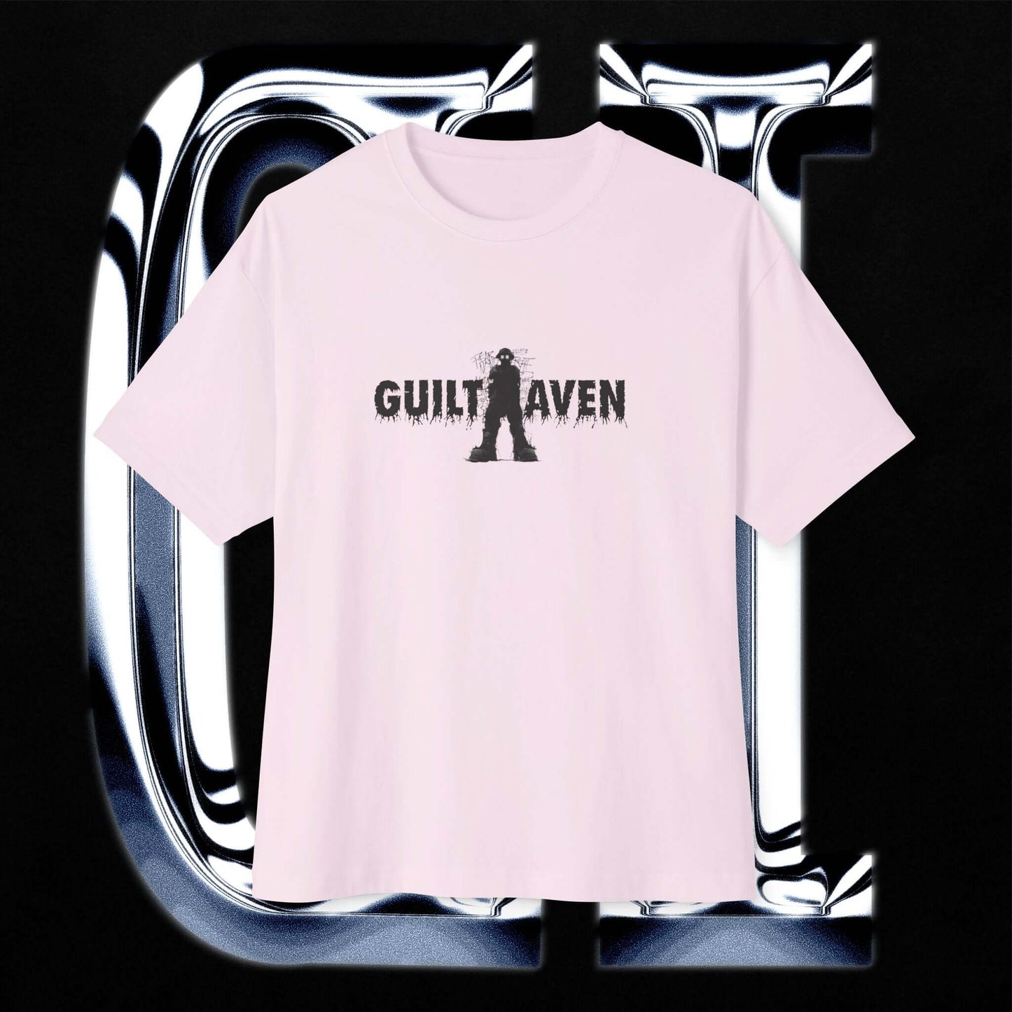 Oversized Boxy Tee XX Fear Guilt Haven Streetwear featuring bold Guilt Haven graphics on a pink background.