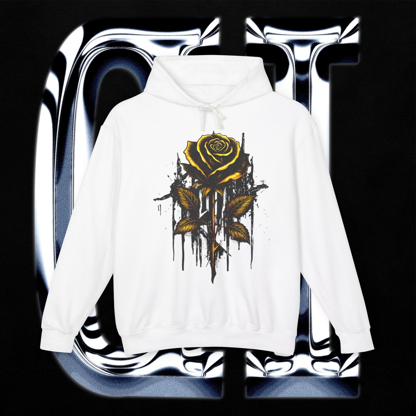 Dripping Gold Rose Hoodie featuring a hand-rendered rose in charcoal and gold, perfect for a casual, edgy style.