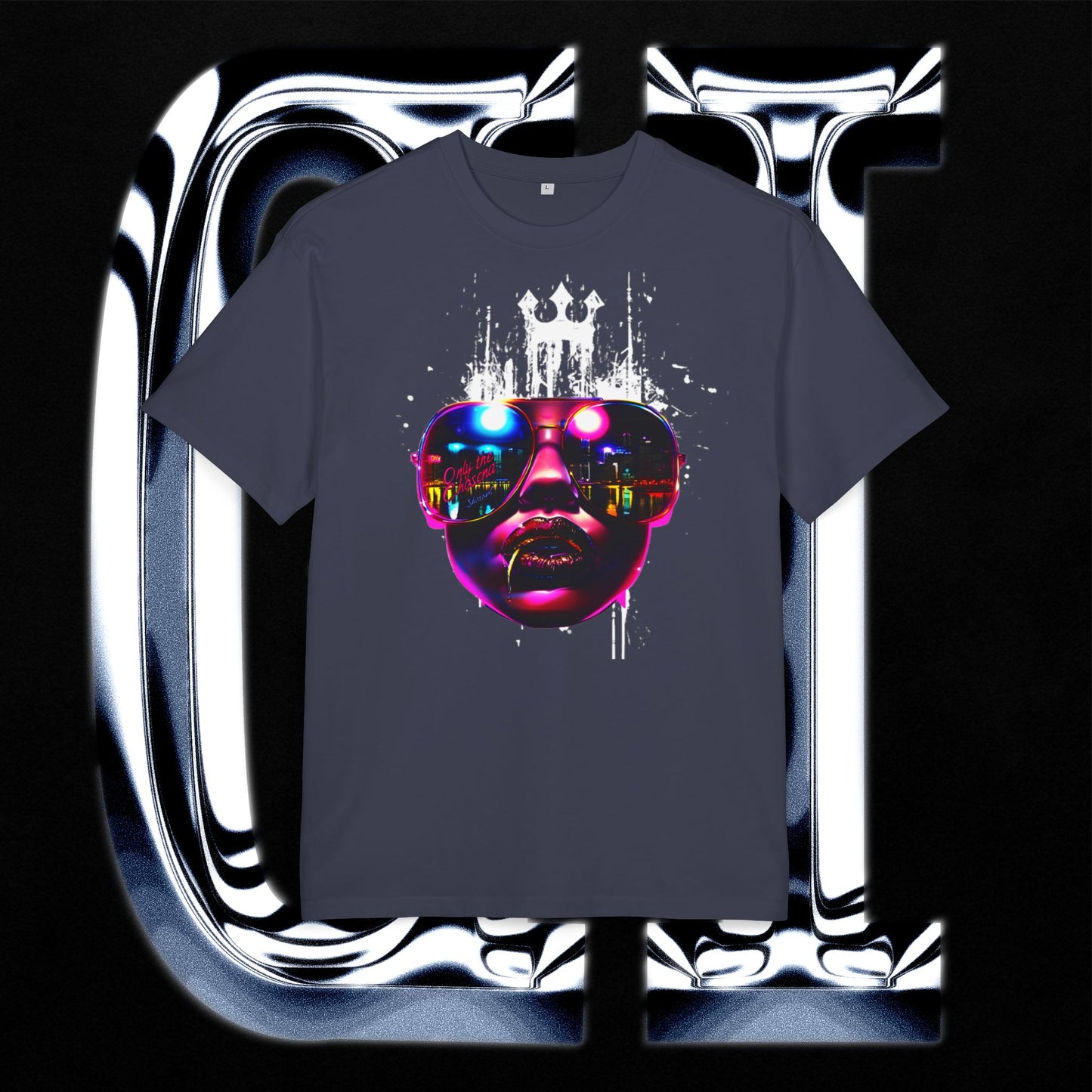 Neon Crown Cityscape Tee – Unisex Heavy Oversized T-Shirt | Retro Futuristic Sunglasses Graphic featuring a bold portrait and city skyline.