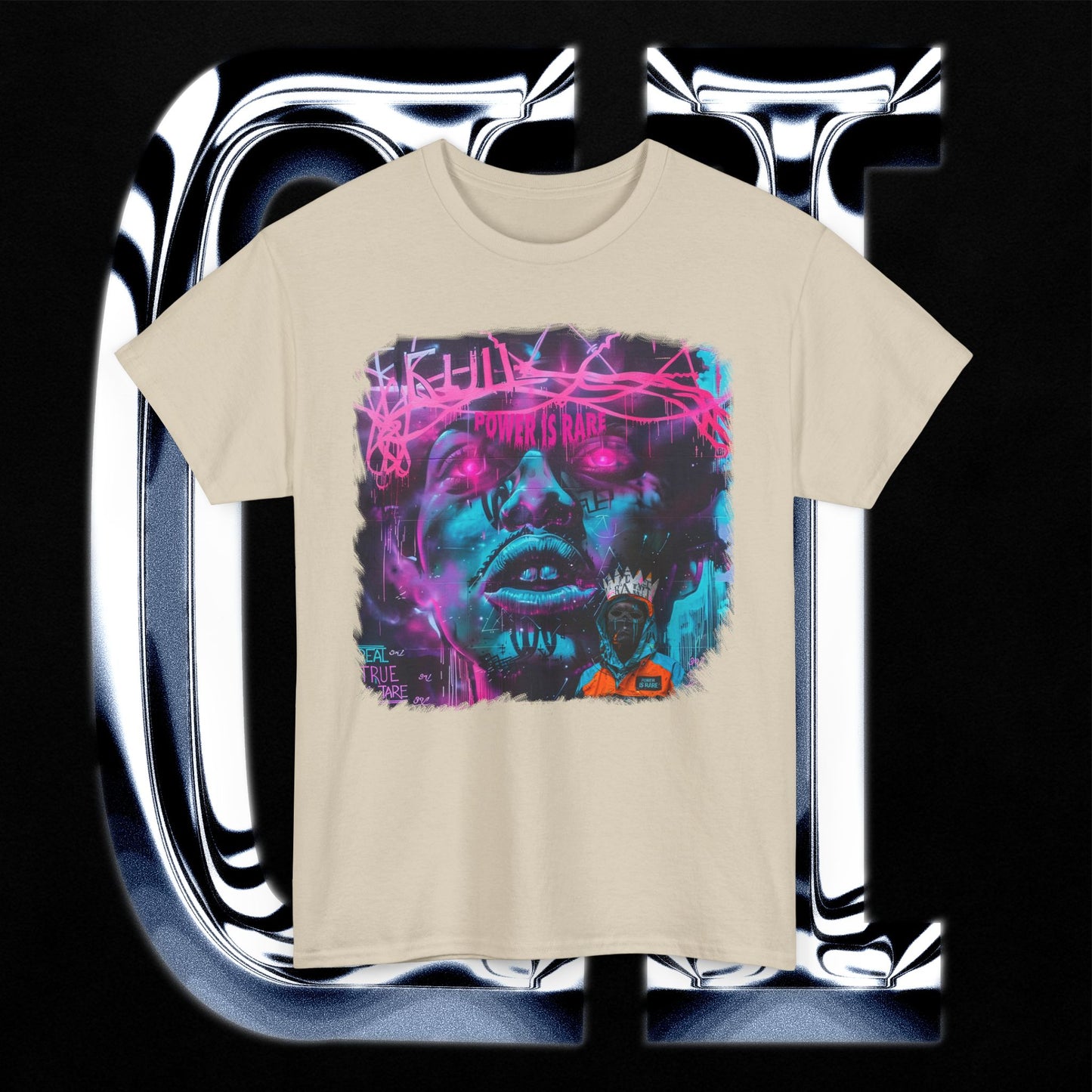 Power Is Rare Unisex Heavy Cotton T-Shirt – Neon Graffiti Art Tee with Futuristic Face Design on a cream background.