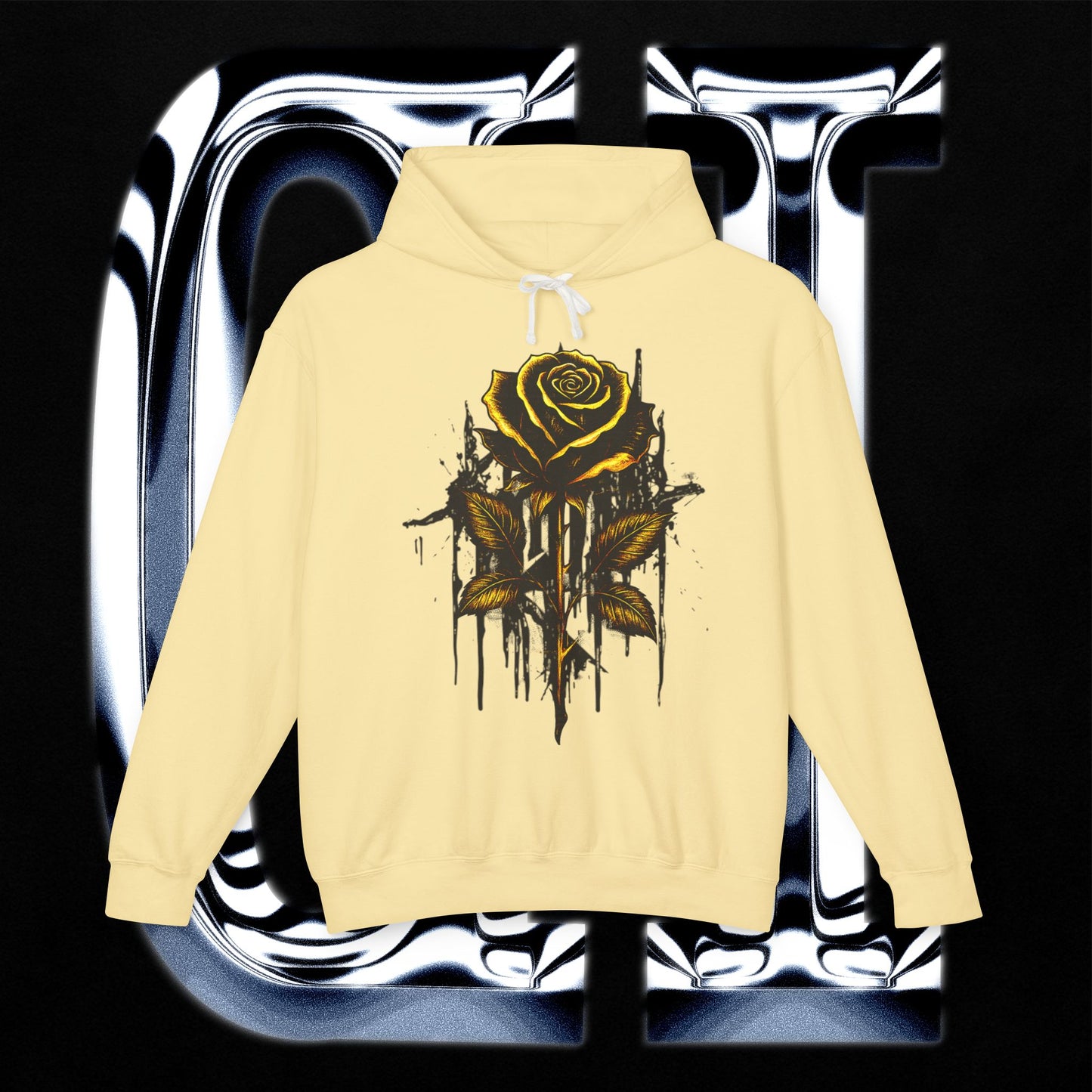 Dripping Gold Rose Hoodie with charcoal and gold floral graphic on soft fabric.