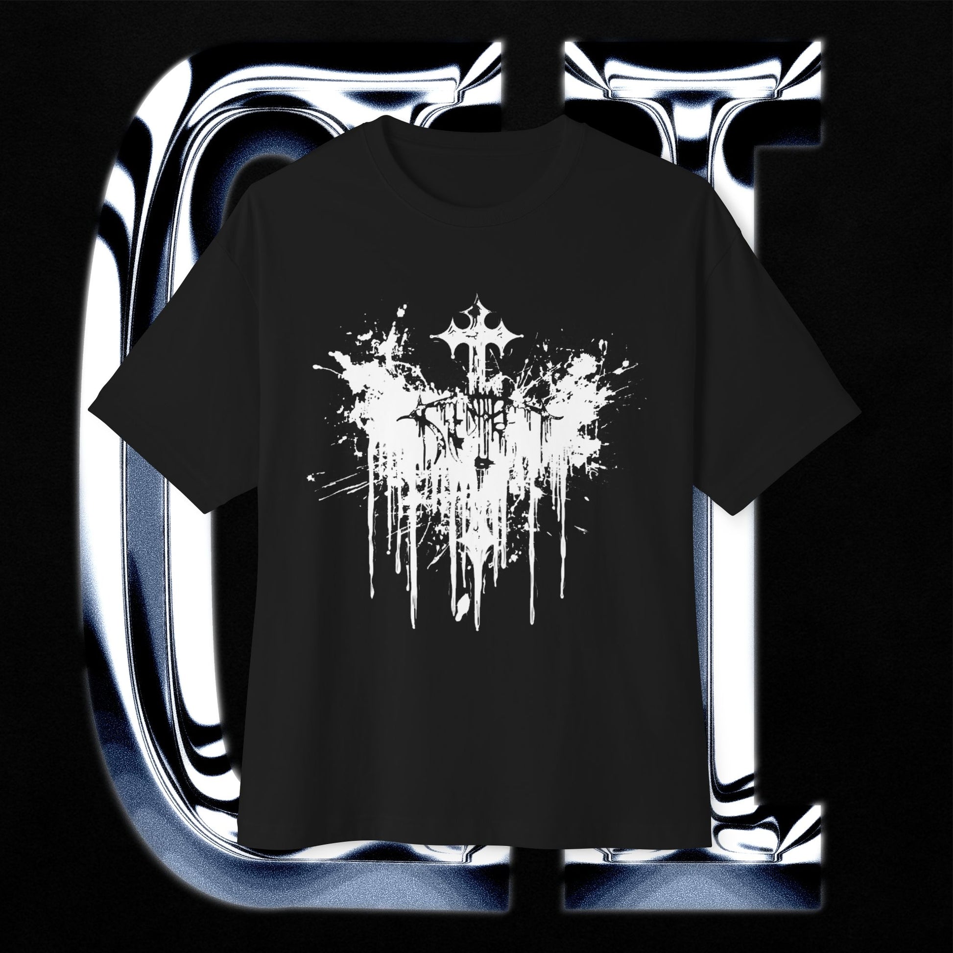 Gothic Cross Splatter Unisex Oversized Streetwear Tee featuring a striking black splatter graphic.