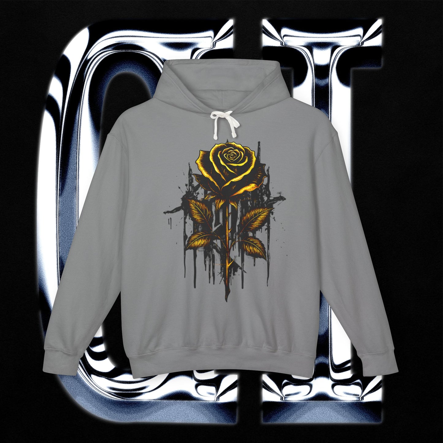 Dripping Gold Rose Hoodie Grunge Floral Graphic
