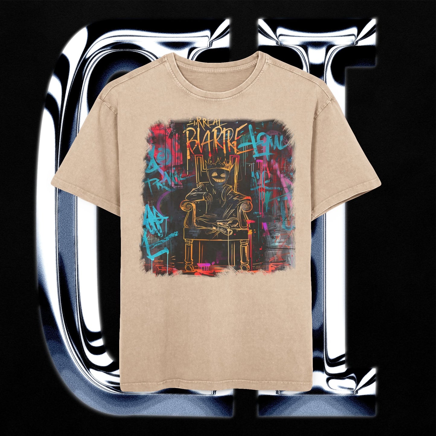 Bizarre King Oversized Acid-Washed T-Shirt – Urban Graffiti Art Streetwear Tee featuring bold graffiti art on a throne.