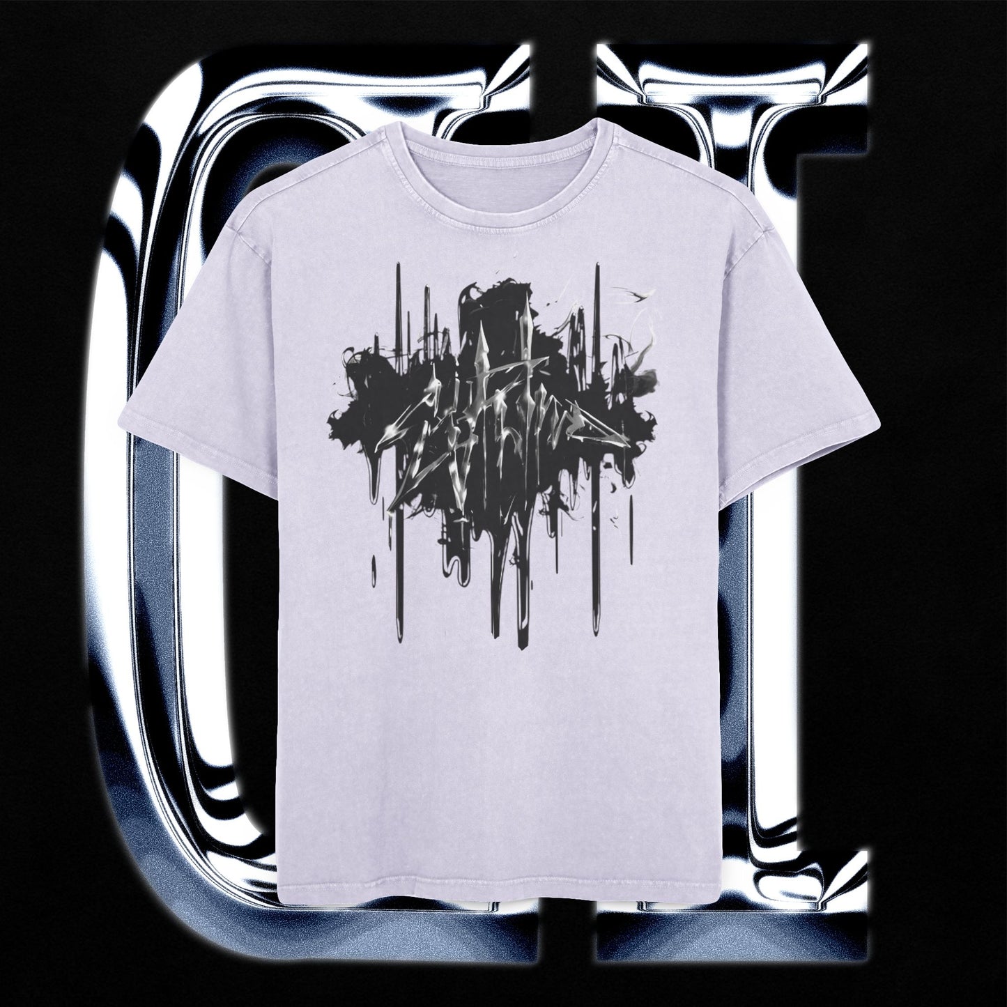 Oversized Acid Wash Tee – Fire Graphic Streetwear Shirt, Festival Outfit, Edgy Urban Style on a dark background.