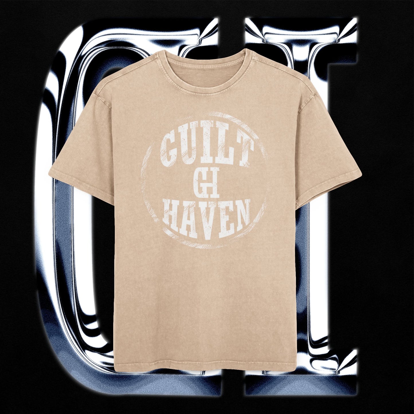 Guilt Haven graphic tee on a black background, showcasing a minimalist design, perfect for casual wear.