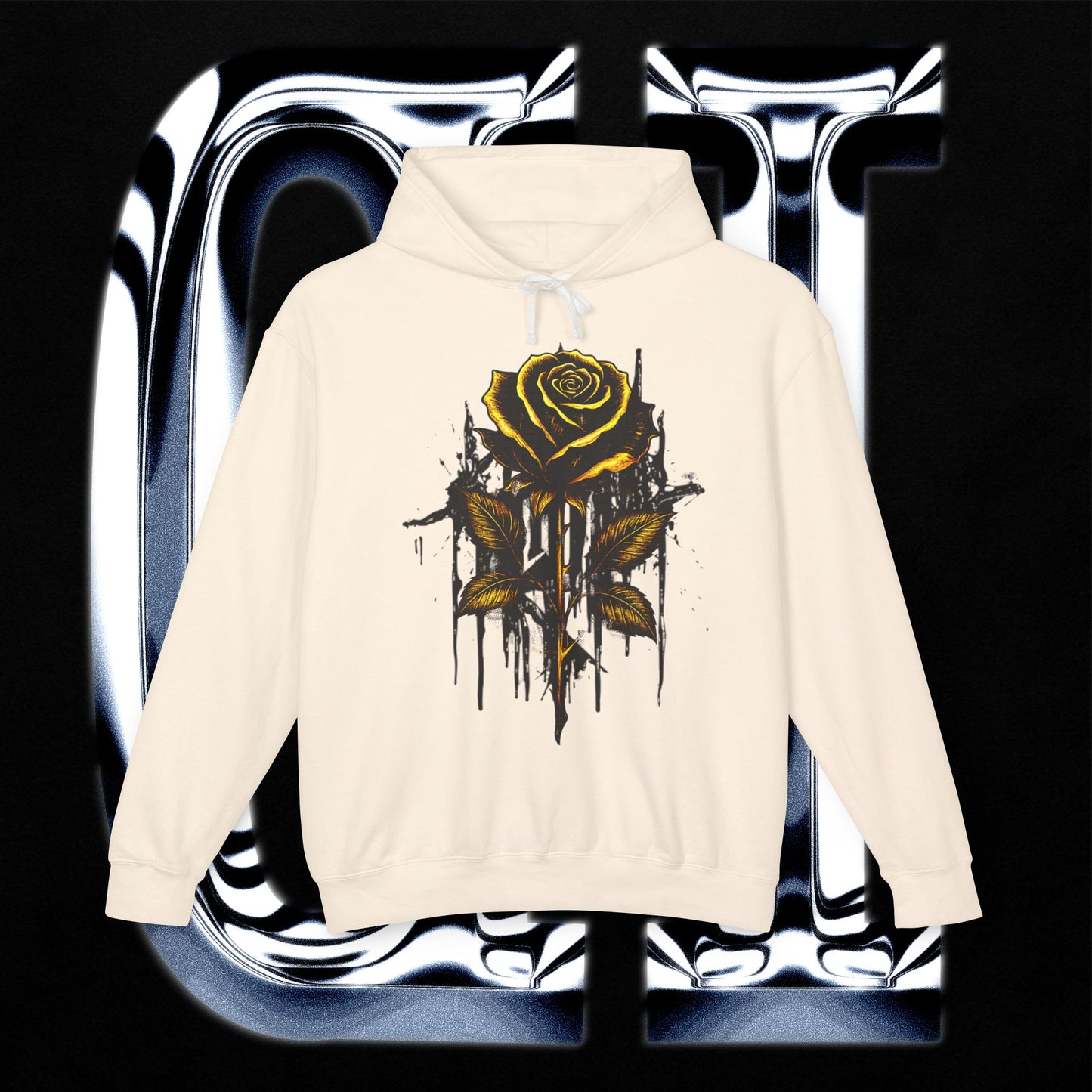 Dripping Gold Rose hoodie featuring a hand-drawn rose and charcoal design against a black background.