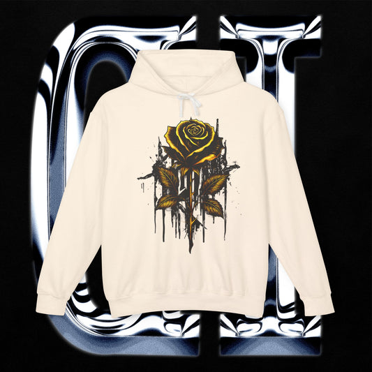 Dripping Gold Rose hoodie featuring a hand-drawn rose and charcoal design against a black background.