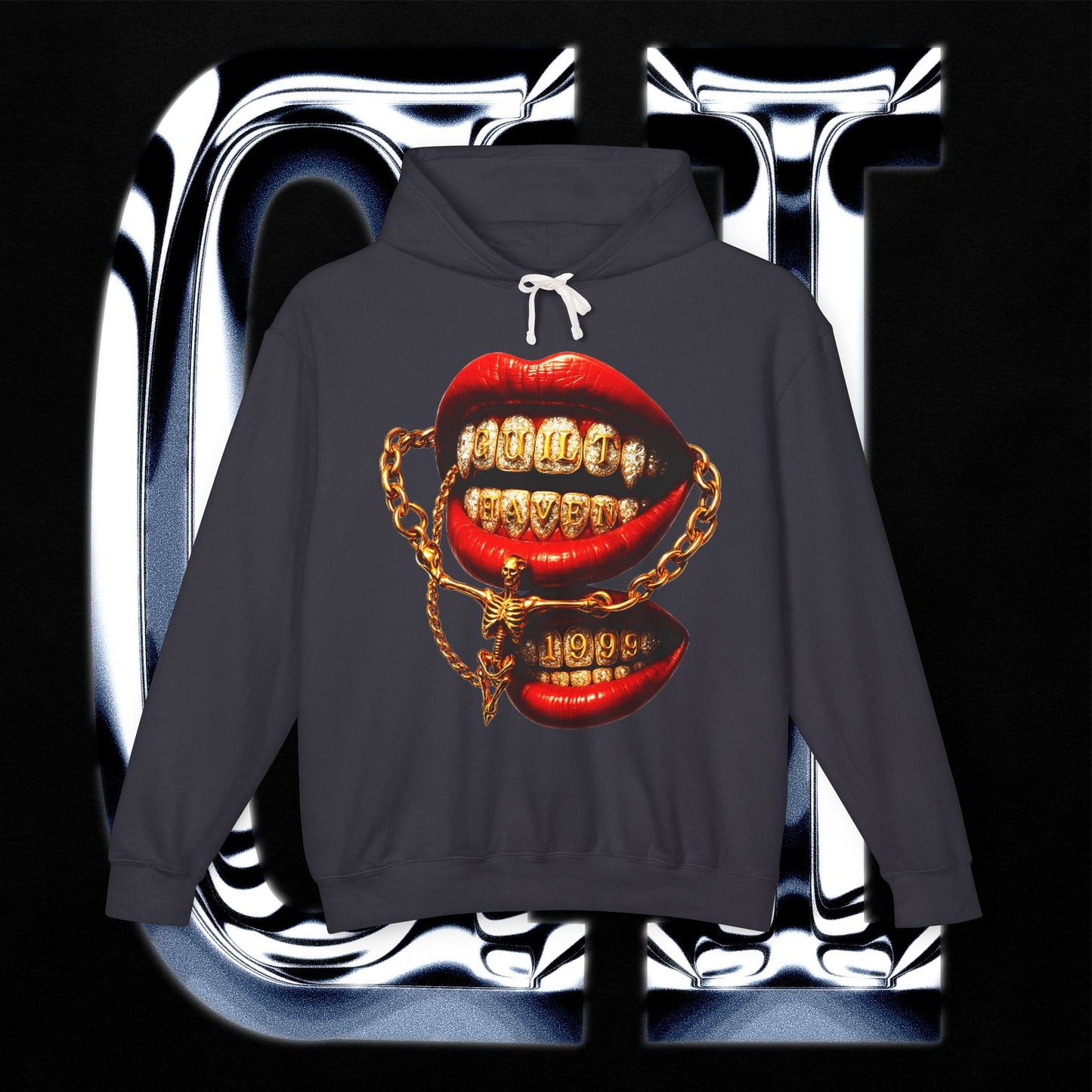 Gold Grill Lips Hoodie — Streetwear graphic hooded sweatshirt featuring bold gold grill lips design.