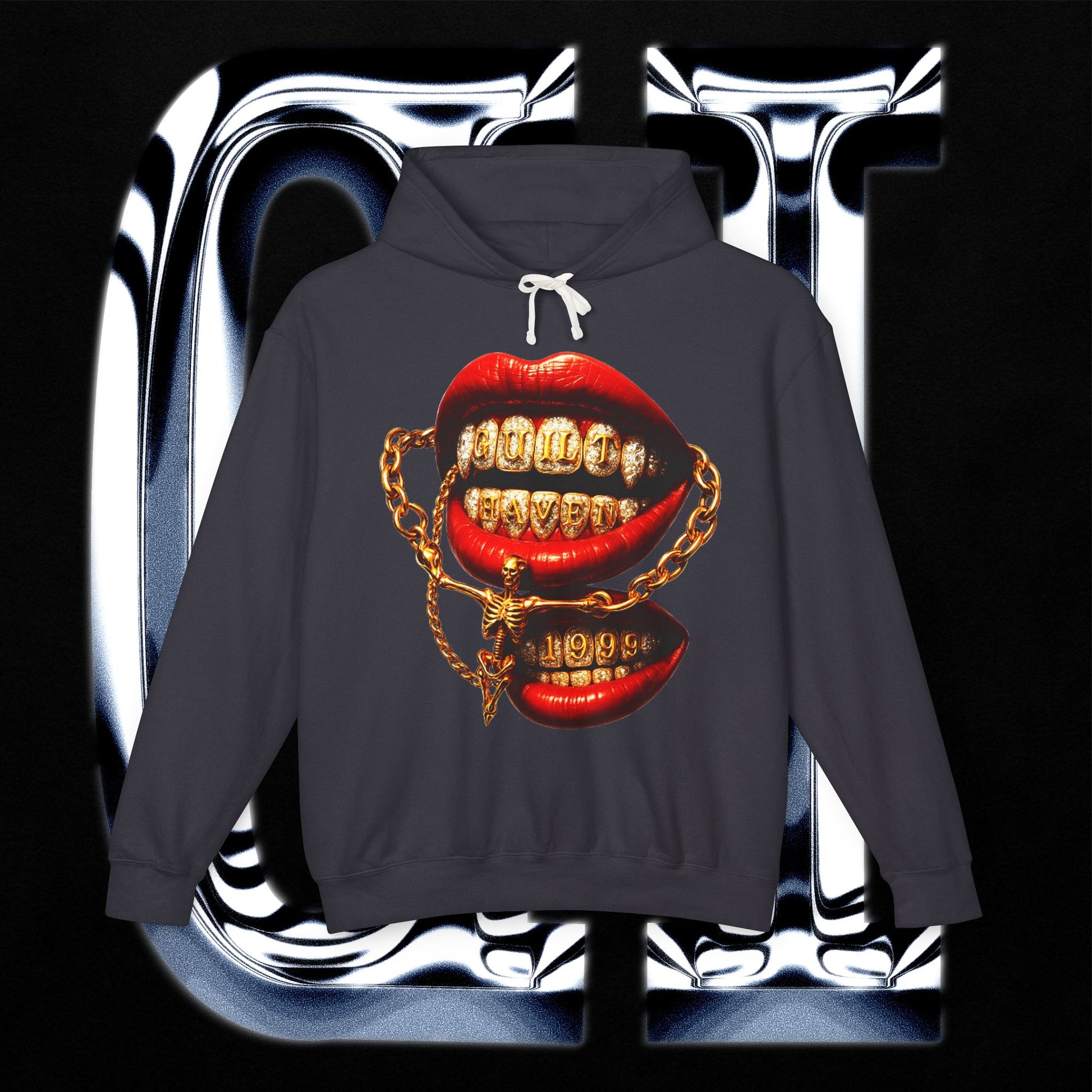 Gold Grill Lips Hoodie — Streetwear graphic hooded sweatshirt featuring bold gold grill lips design.