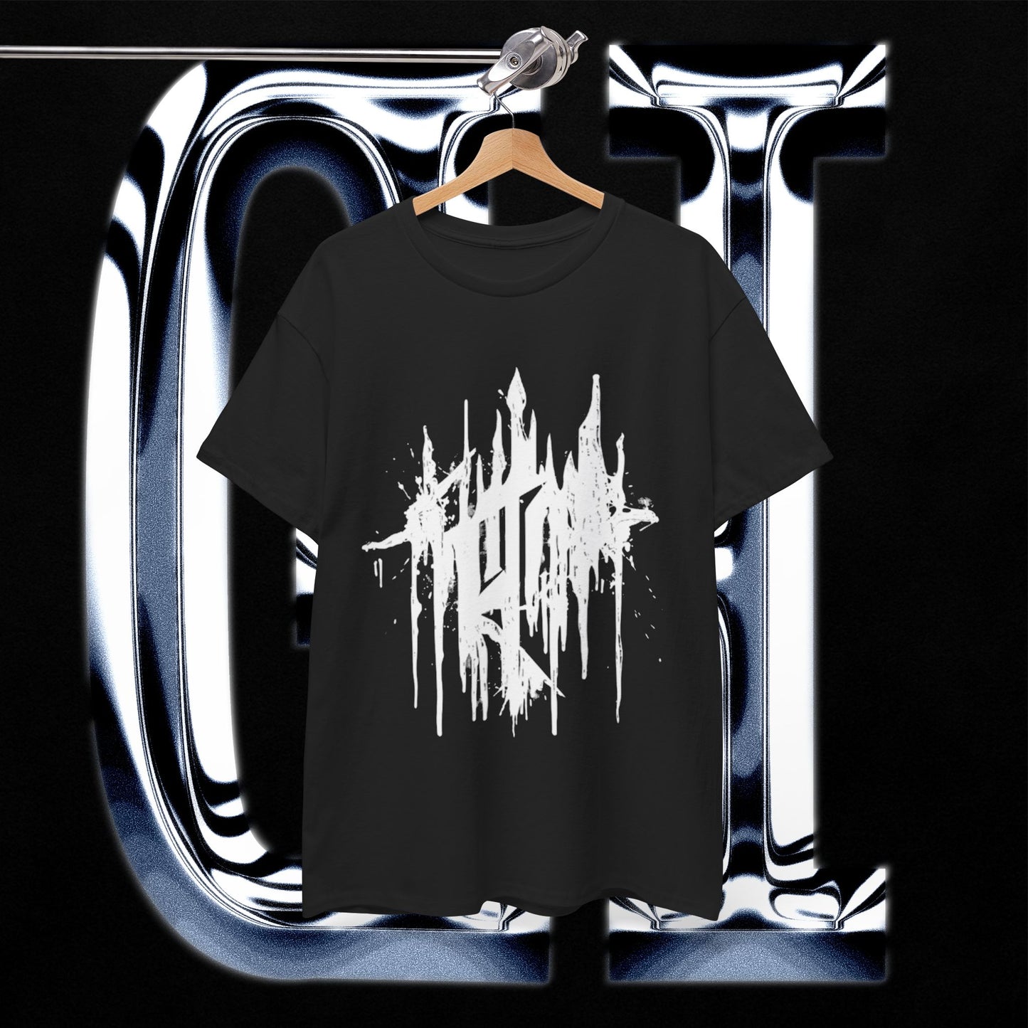 Obsidian Drip Emblem Tee – Unisex Heavy Cotton Graphic Shirt | Gothic Abstract Streetwear on a hanger.