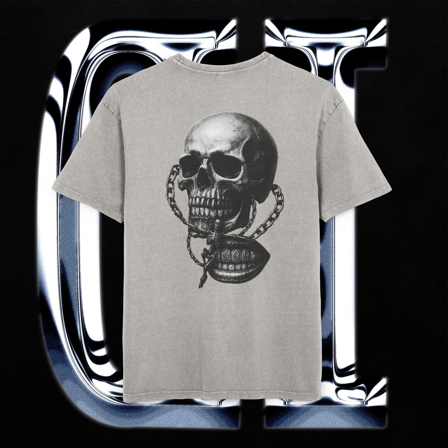 Chain Skull Grenade Tee – Men’s Acid Washed Oversized T-Shirt | Grunge Military Streetwear featuring a skull and grenade design.