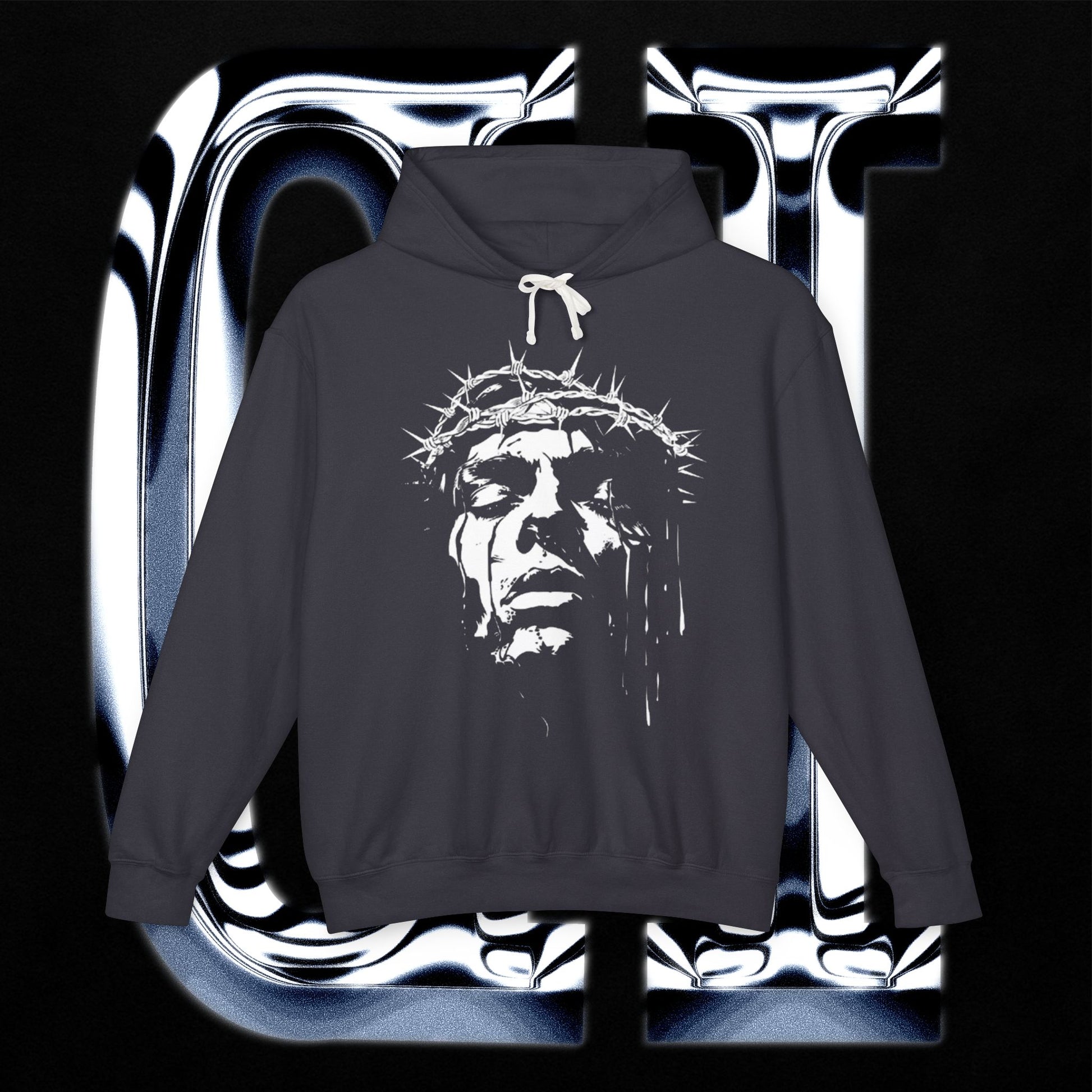 Crown of Thorns hoodie with distressed face graphic on charcoal gray fabric, perfect for casual wear.