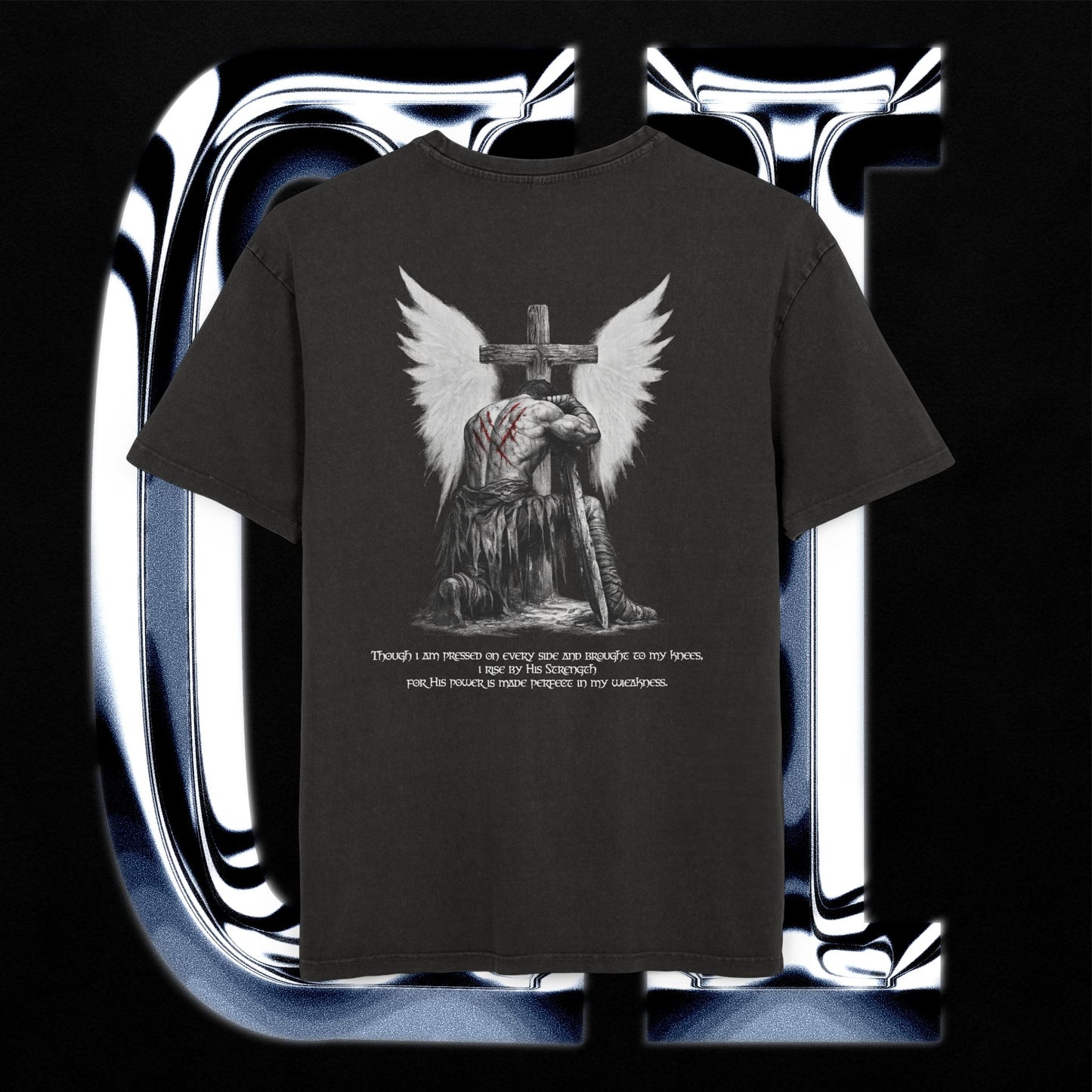 Black t-shirt with an angel holding a cross design on a reflective surface