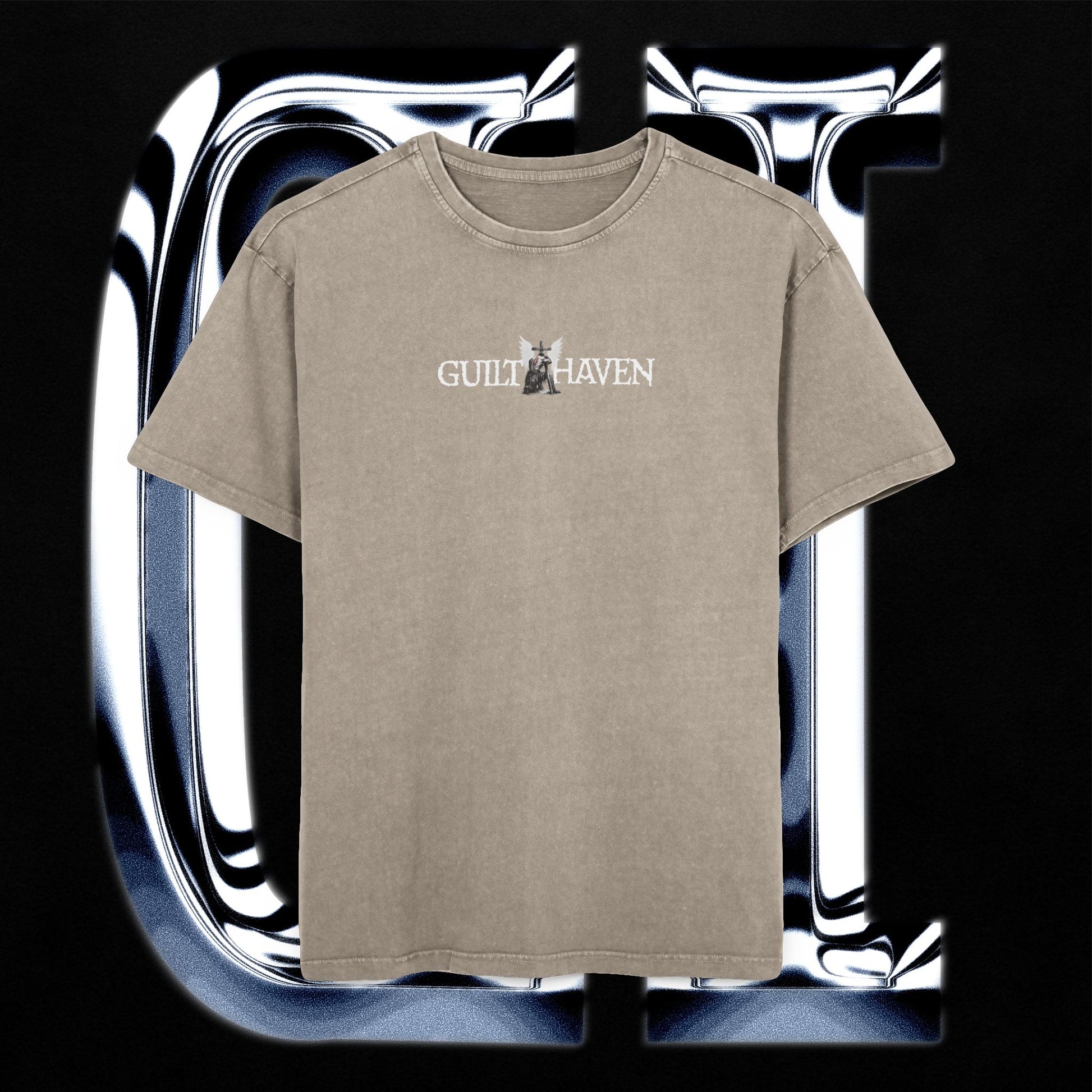 Beige t-shirt with 'Guild Haven' logo on a reflective silver background