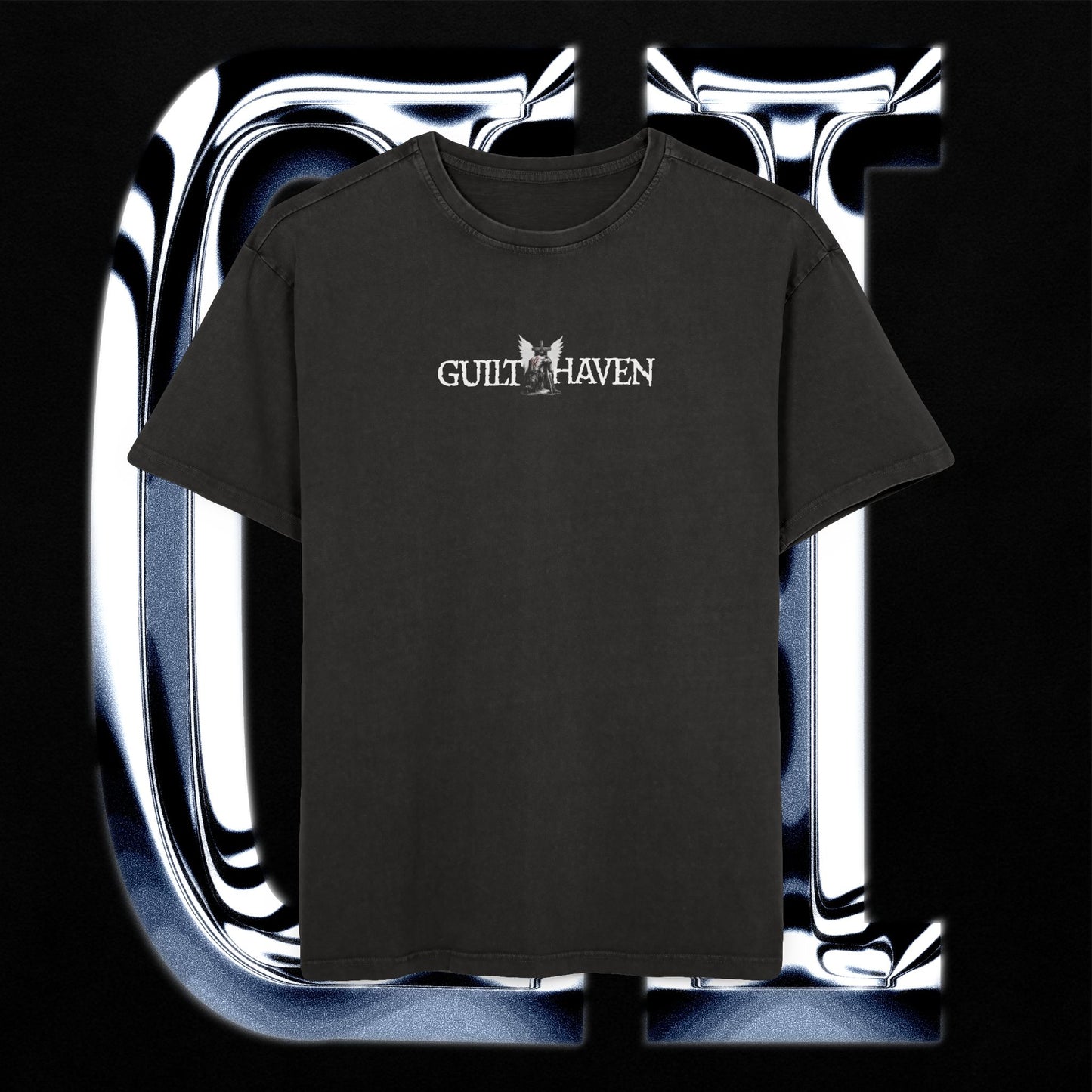 Black t-shirt with 'Guilt Haven' text on a metallic background