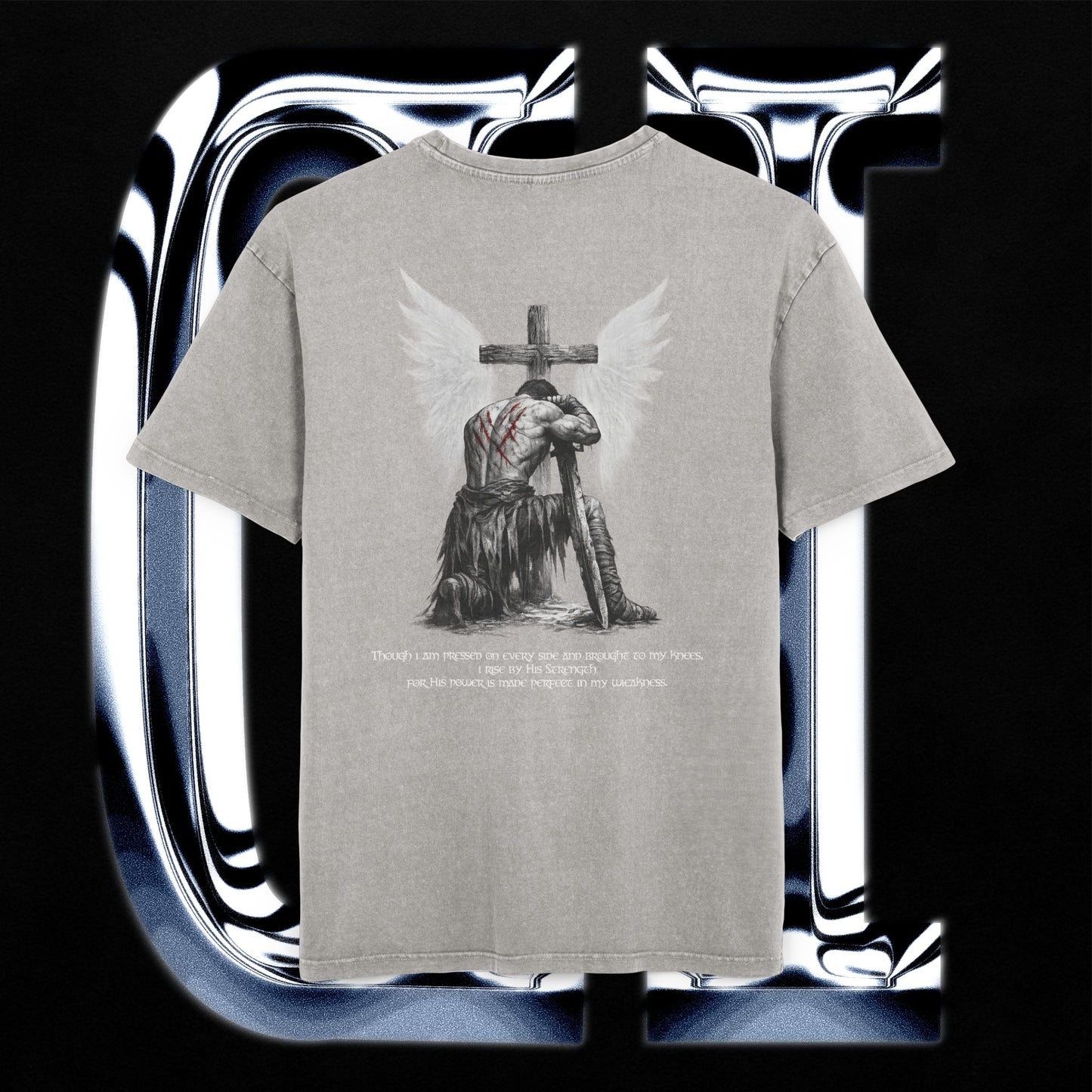 Gray t-shirt with an angel and cross design on a reflective silver background