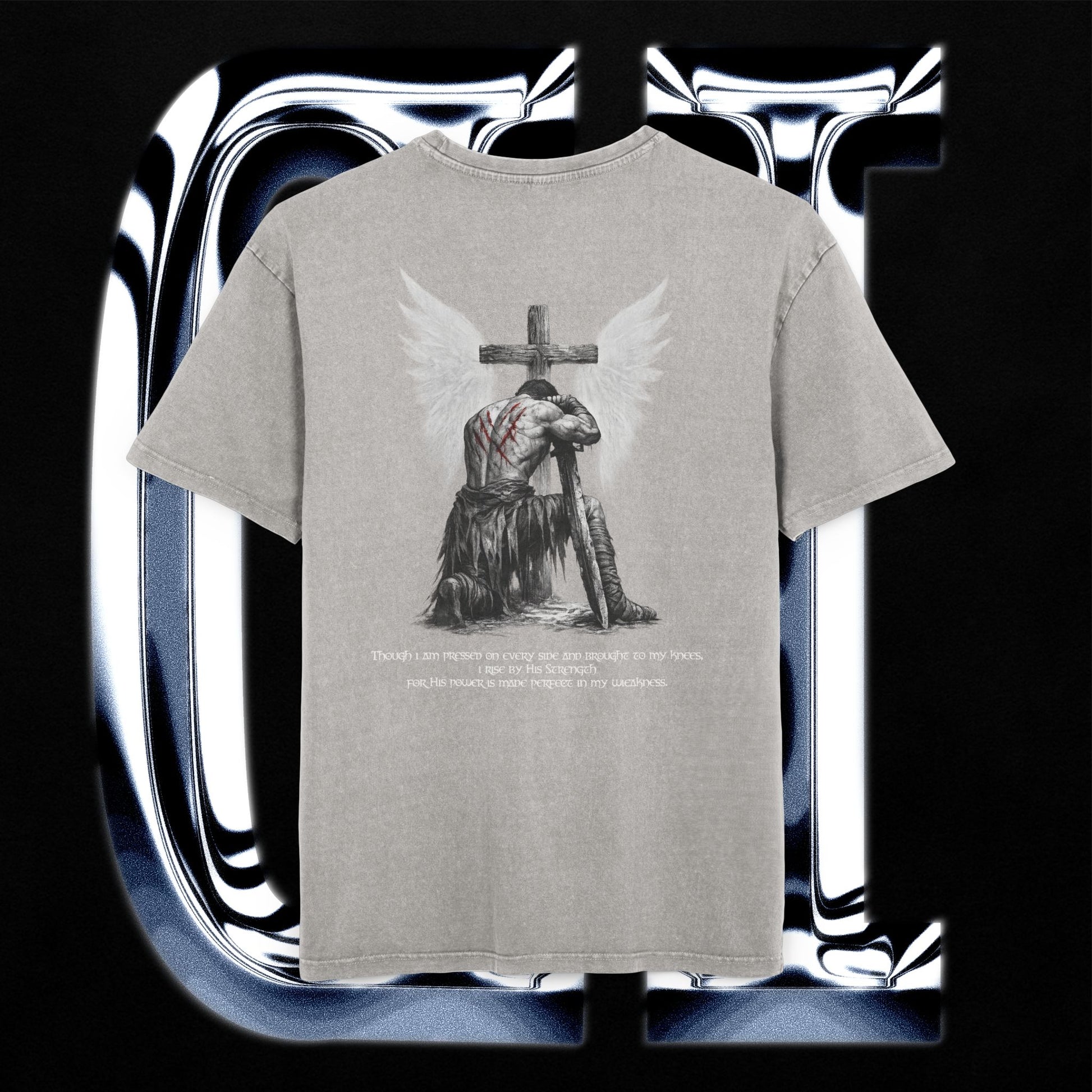 Gray t-shirt with an angel and cross design on a reflective silver background