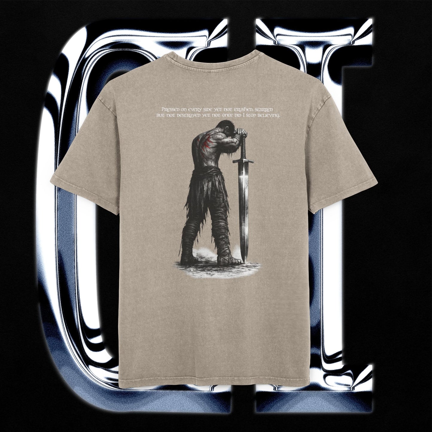 Beige t-shirt with graphic design of a warrior holding a sword on a reflective silver background