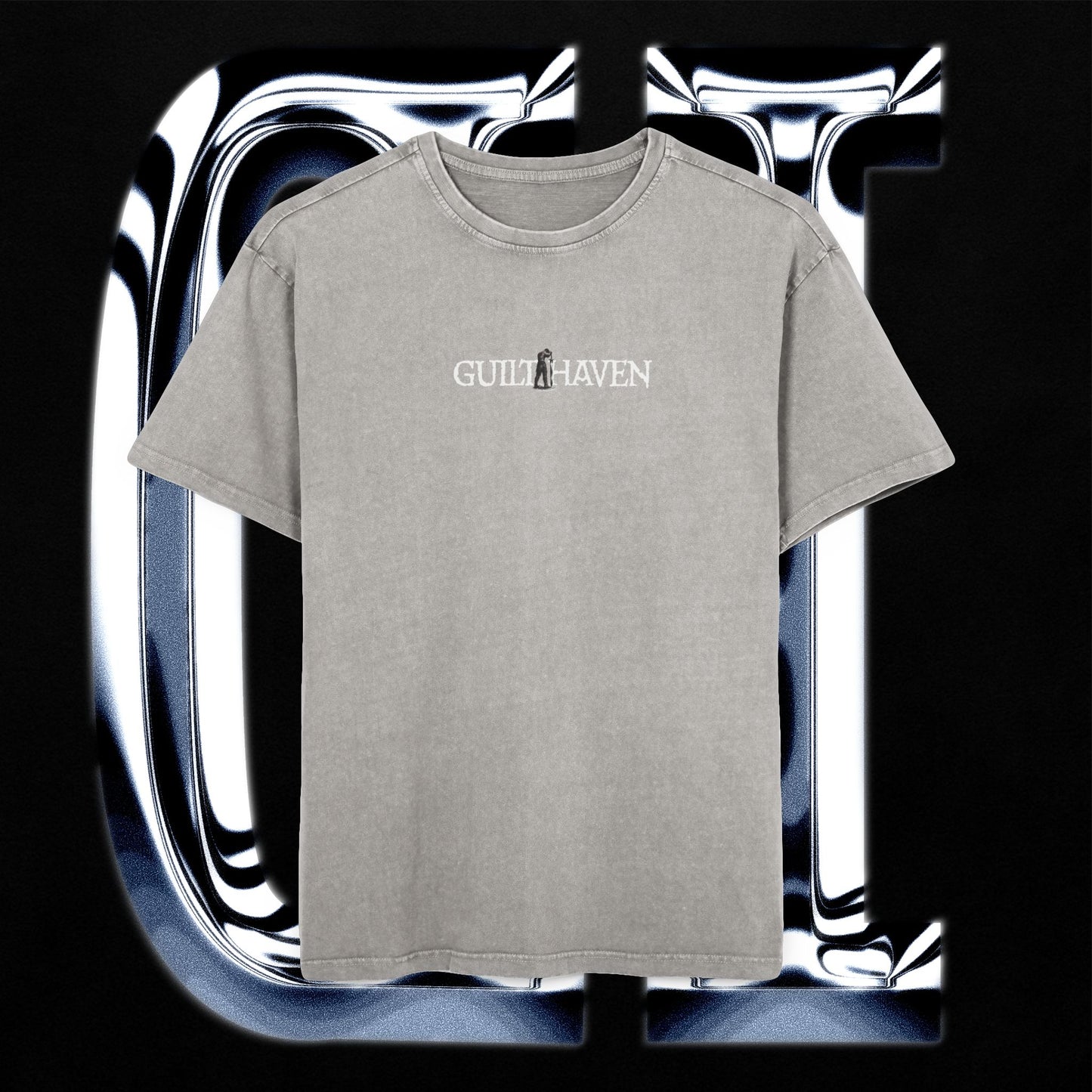 Gray t-shirt with 'Guild Haven' logo on a reflective silver background
