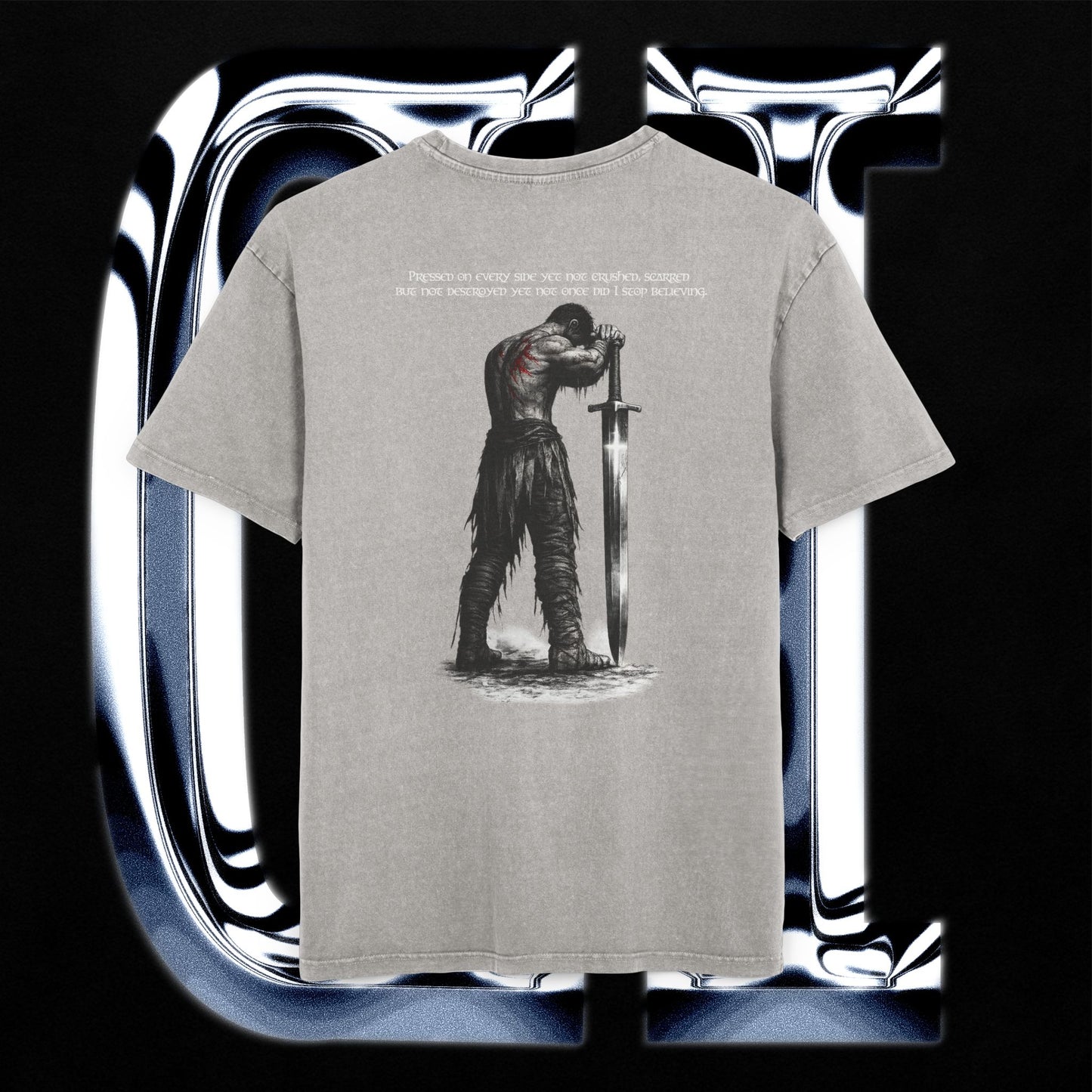 Gray t-shirt with a graphic design of a warrior holding a sword on a reflective silver background