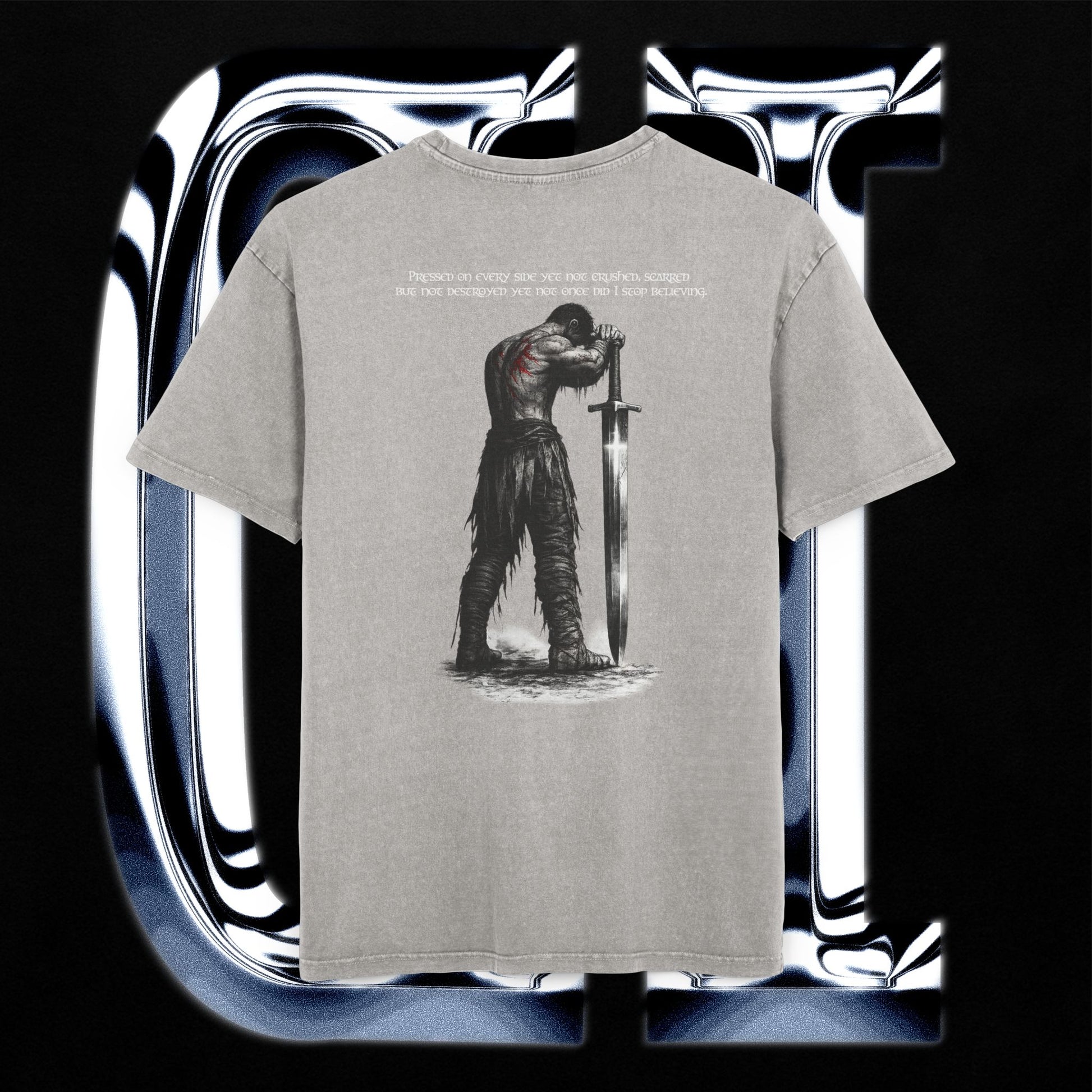 Gray t-shirt with a graphic design of a warrior holding a sword on a reflective silver background