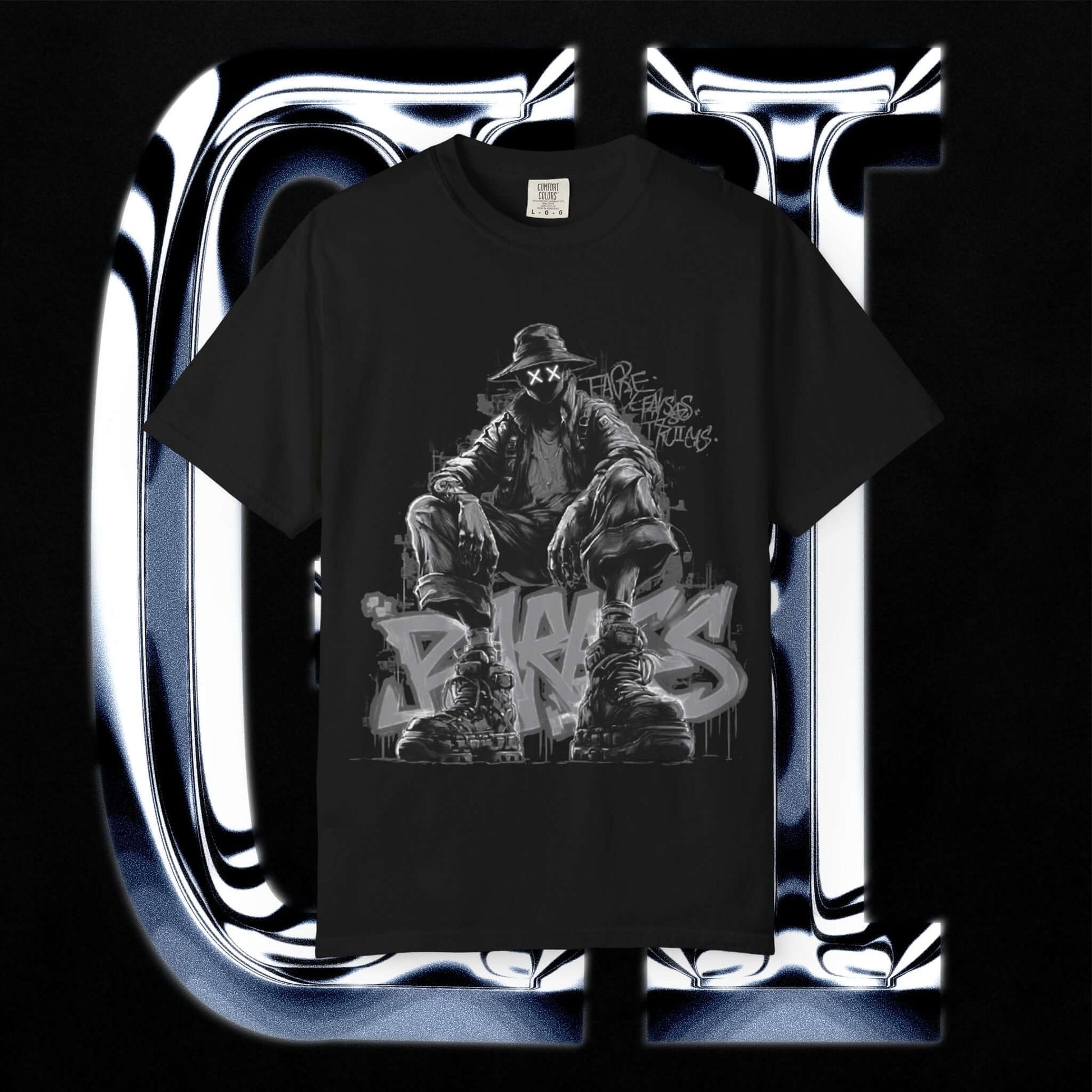 Garment-Dyed Streetwear Tee XX BRKS Graffiti Graphic featuring bold graffiti design on black fabric.