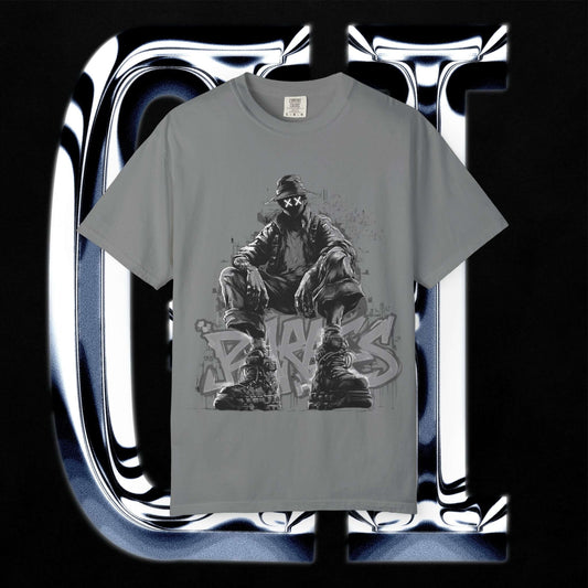Garment-Dyed Streetwear Tee XX BRKS Graffiti Graphic featuring a bold graphic design on a grey T-shirt.