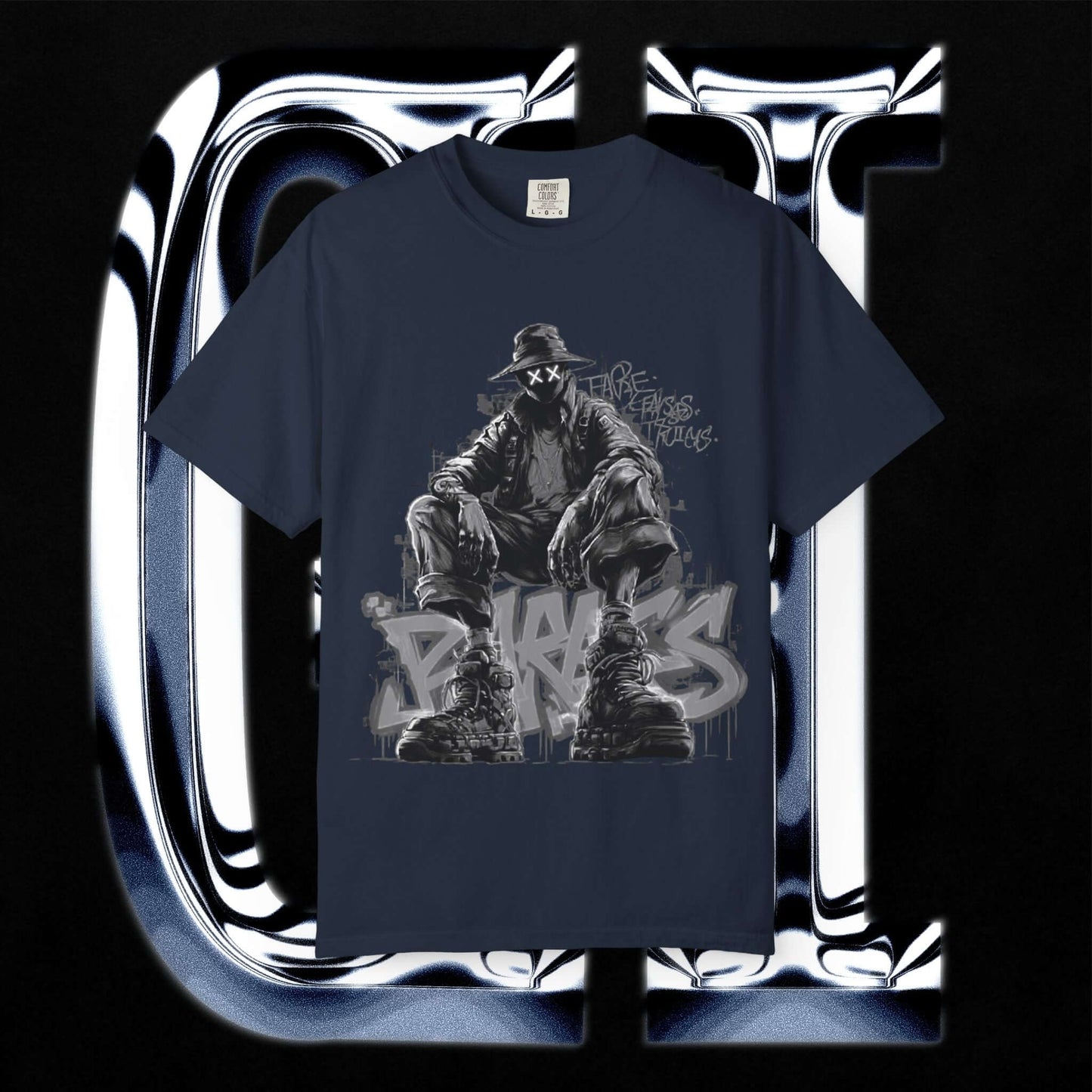 Garment-Dyed Streetwear Tee XX BRKS Graffiti Graphic featuring bold graffiti design on dark navy background.