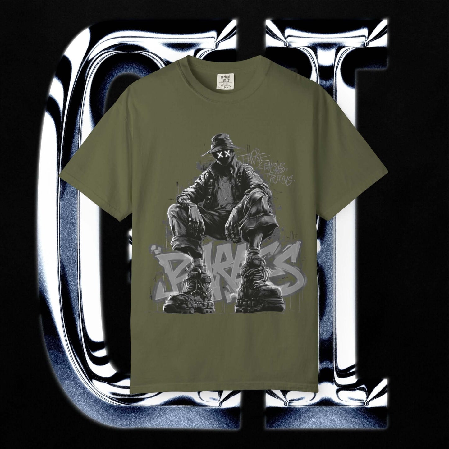 Garment-Dyed Streetwear Tee XX BRKS Graffiti Graphic featuring bold design on olive green fabric.