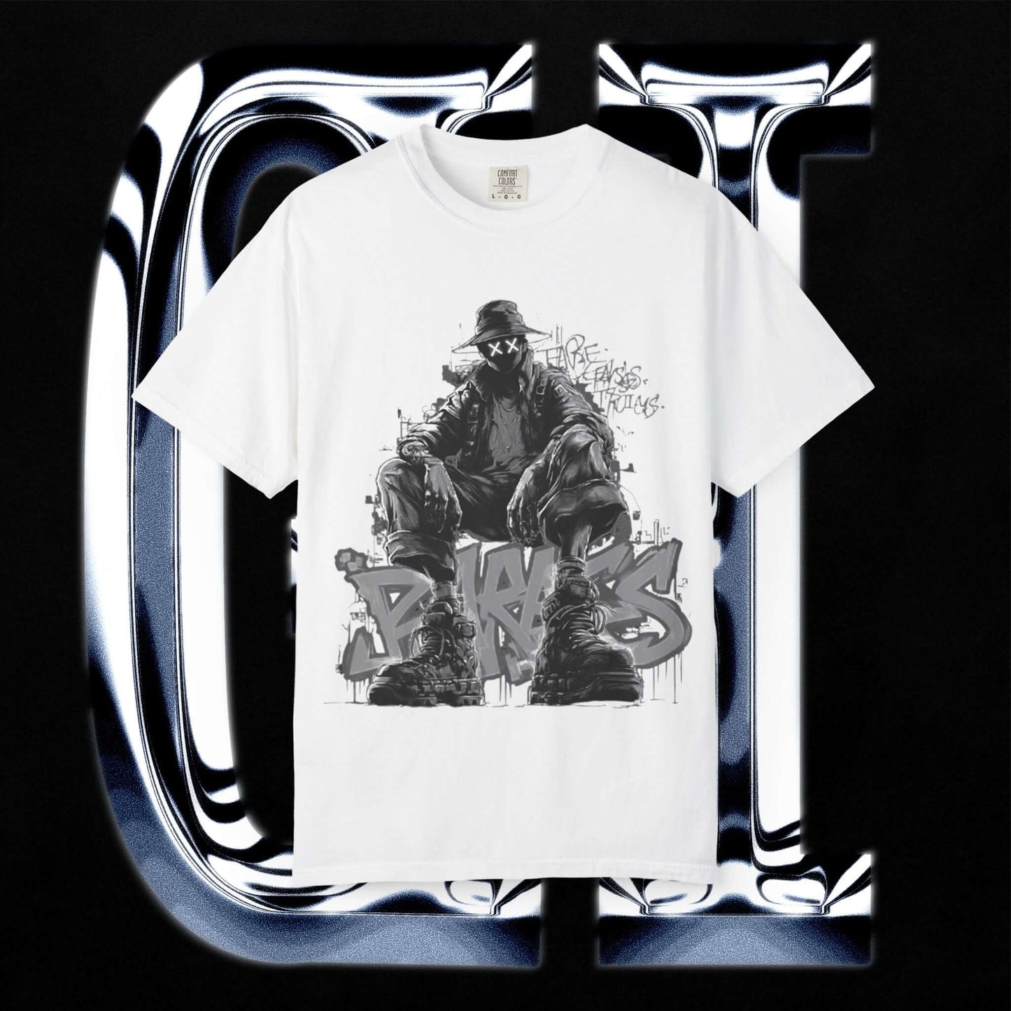 Garment-Dyed Streetwear Tee XX BRKS Graffiti Graphic featuring bold black and white graffiti design on a white T-shirt.