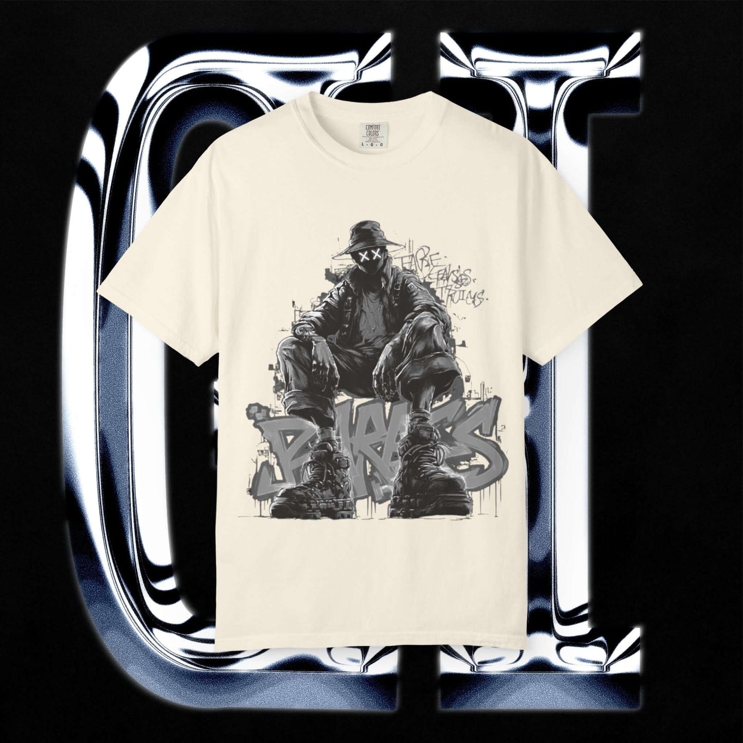 Garment-Dyed Streetwear Tee XX BRKS Graffiti Graphic featuring bold street art design on a cream T-shirt.