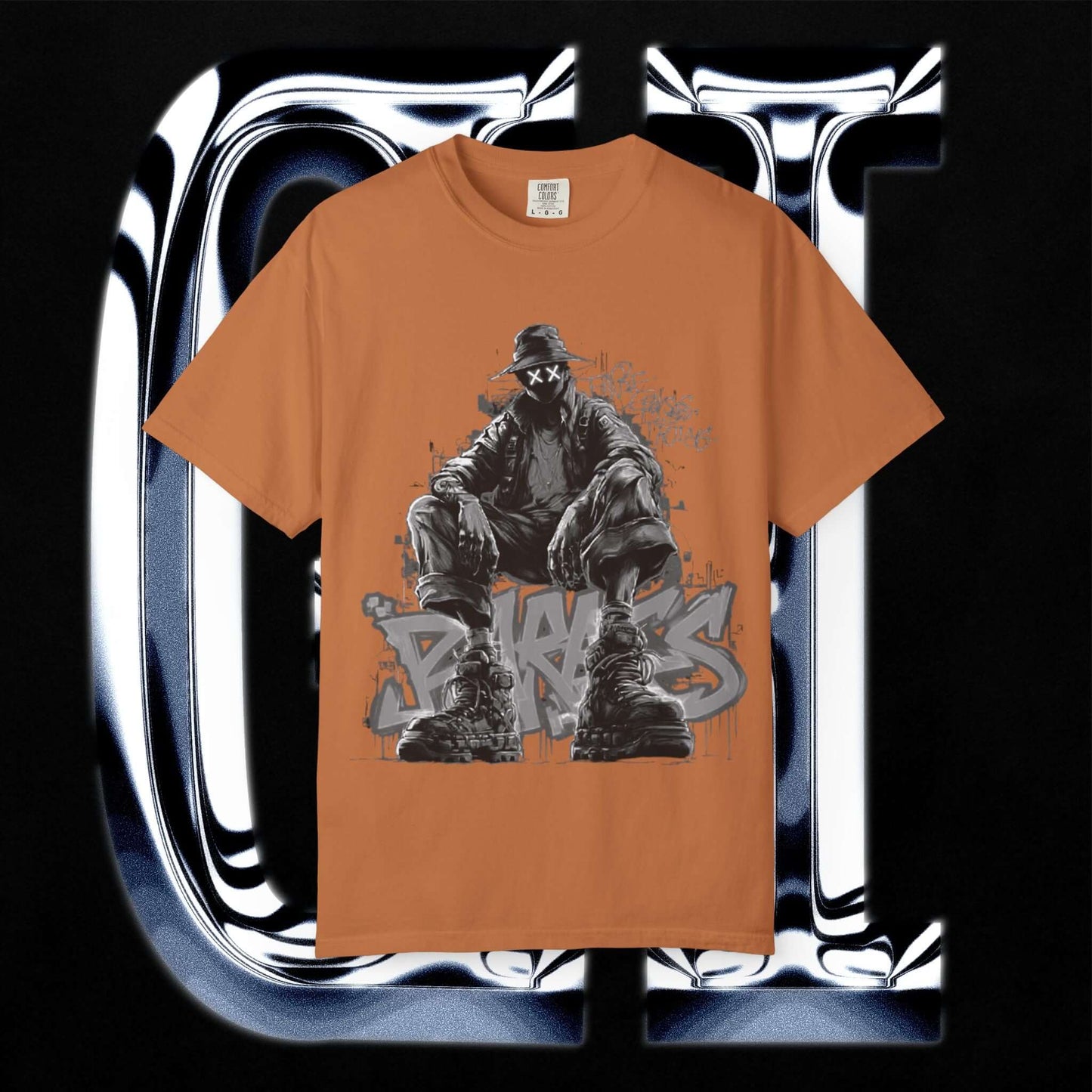 Garment-Dyed Streetwear Tee XX BRKS Graffiti Graphic displayed on an orange T-shirt against a black background