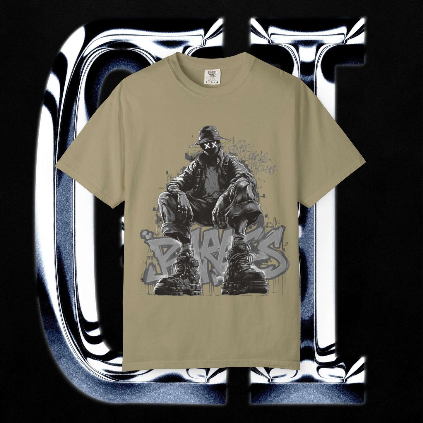 Garment-Dyed Streetwear Tee XX BRKS Graffiti Graphic featuring bold design and relaxed fit.