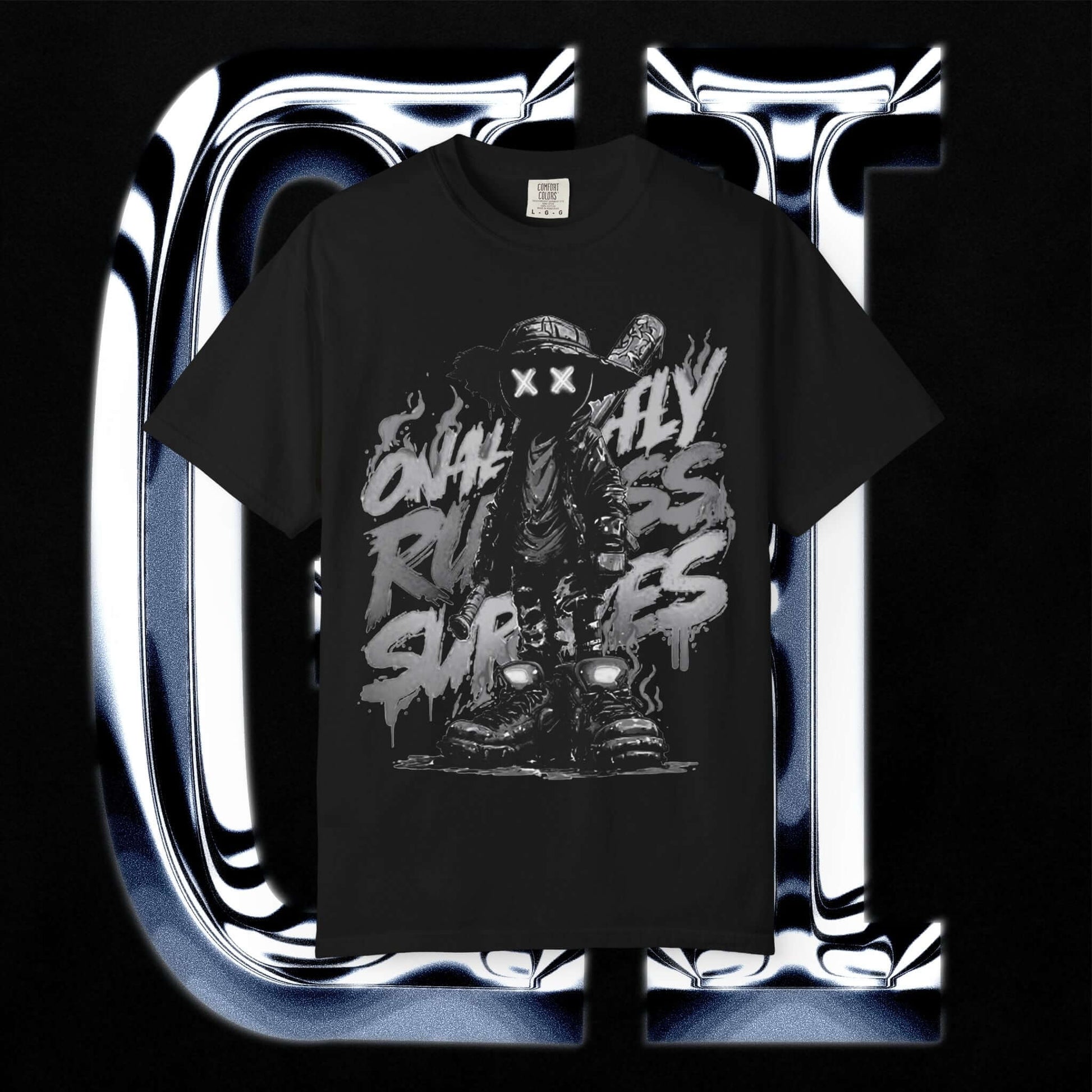 Garment-Dyed Streetwear Tee XX Ruthless Shadows Graphic displayed on a black background with bold graphic design.