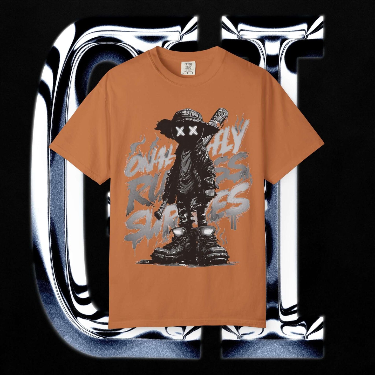 Garment-Dyed Streetwear Tee XX Ruthless Shadows Graphic on a black background showcasing unique design.