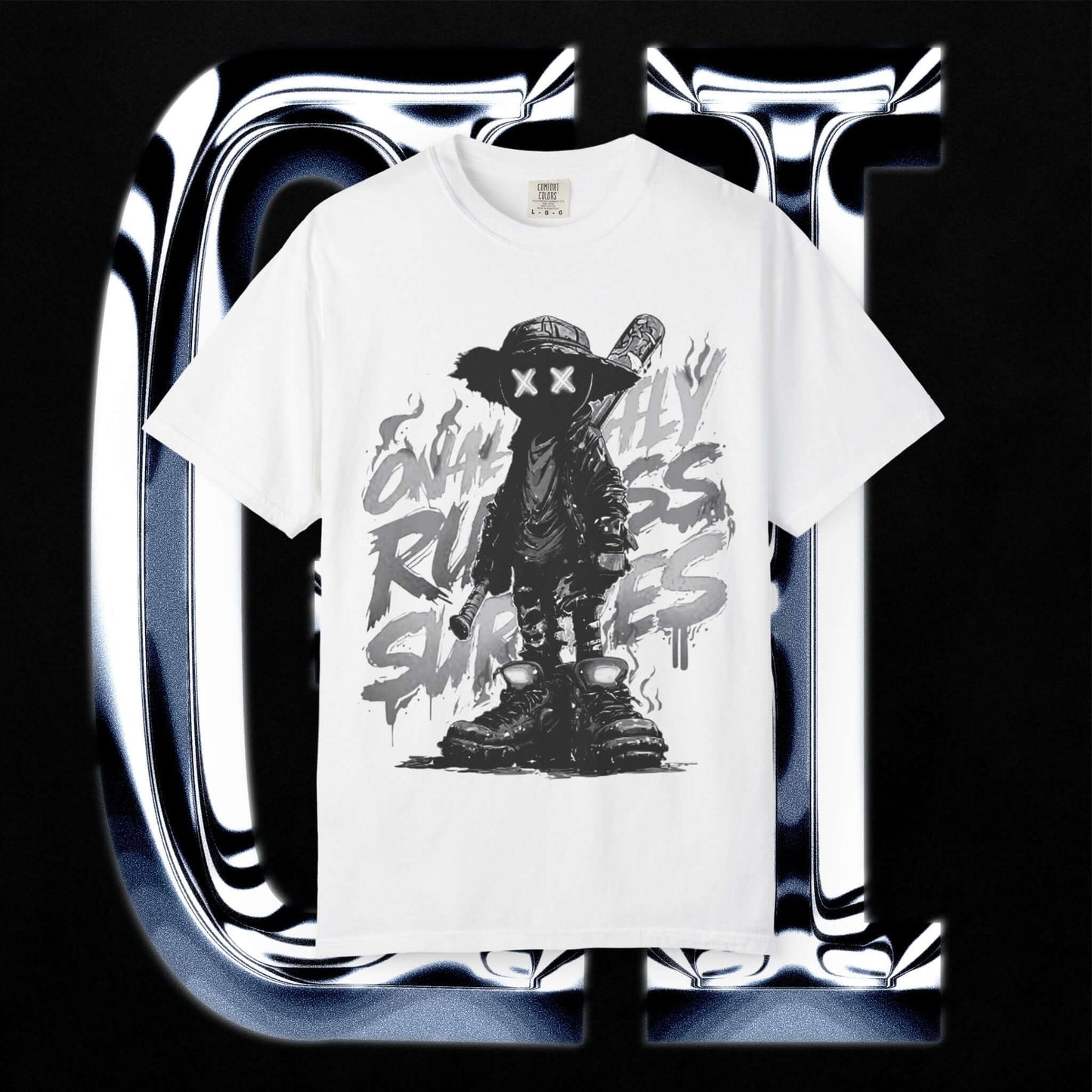 Garment-Dyed Streetwear Tee XX Ruthless Shadows Graphic featuring a striking graphic of a character with a bat and X eyes.