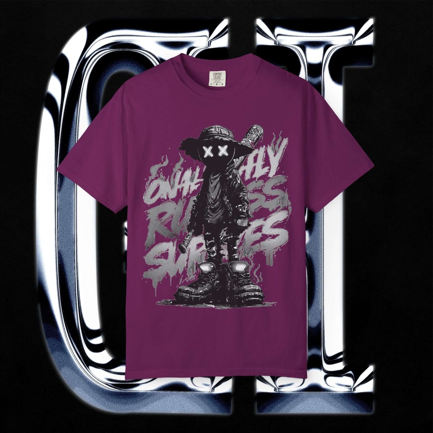 Garment-Dyed Streetwear Tee XX Ruthless Shadows Graphic in vibrant purple with striking graphic design.
