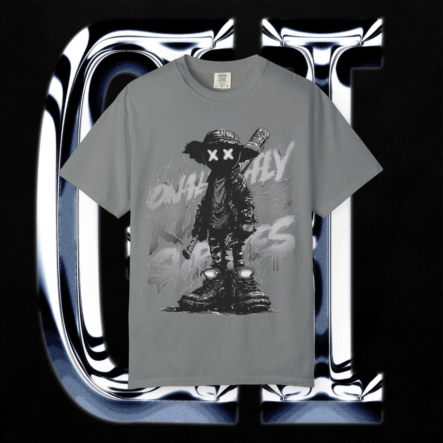 Garment-Dyed Streetwear Tee XX Ruthless Shadows Graphic featuring a unique graphic design on a gray background.